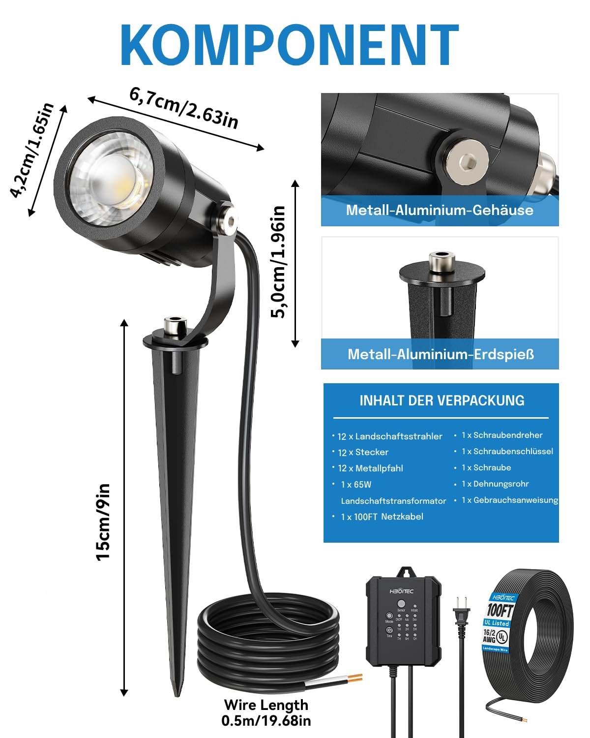 HIBOITEC 12PCS Gartenbeleuchtung Set mit 65W Transformator, 30m Kabel &12 Verbinder, Fotozelle Sensor Strahler Außen, Gartenstrahler Led außen Wasserdicht, 2700K Timer Gartenlampen für Rasen, Wege