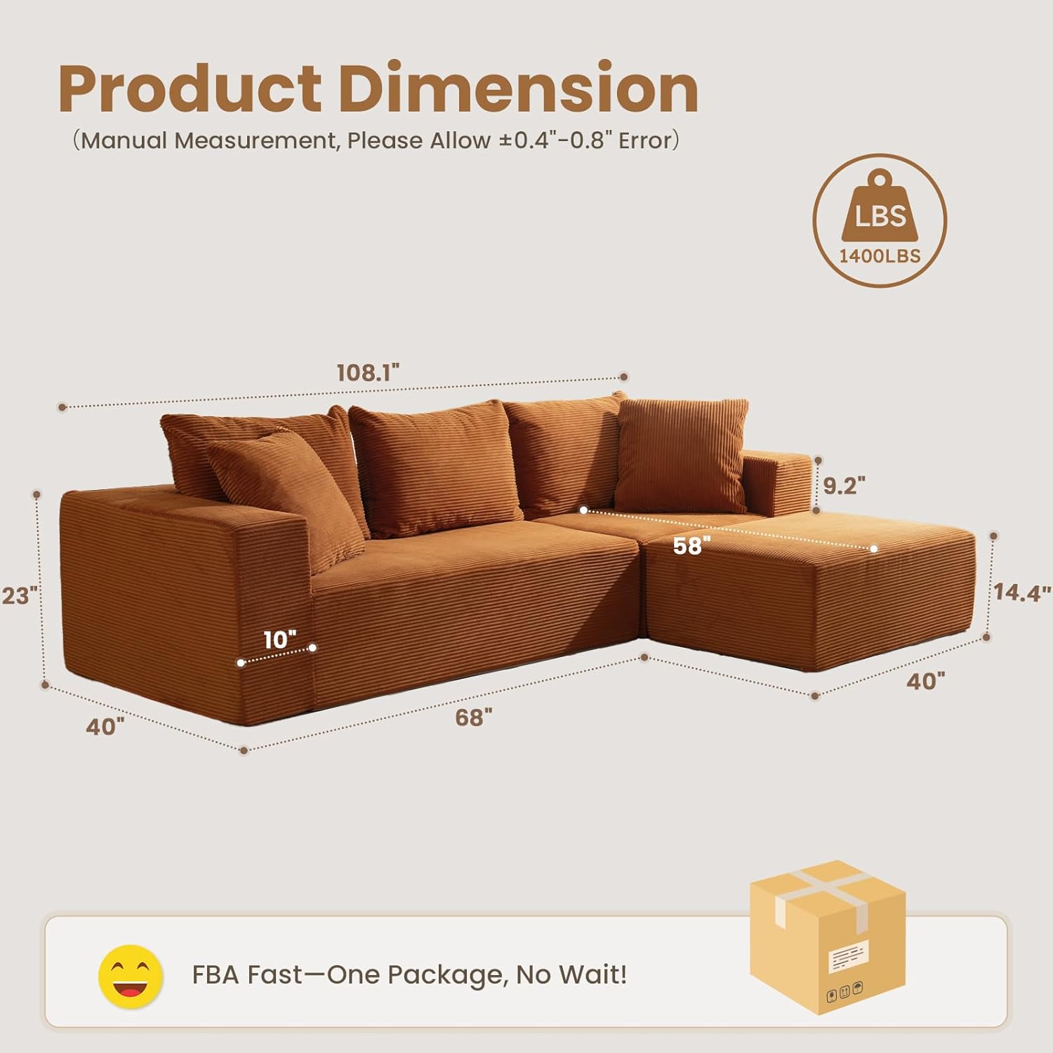 108" L-Shaped Boneless Couch, Modular Sectional Sofa with Moveable Ottoman, Corduroy Cloud Couches for Living Room, No Assembly, Ship in a Box, Burnt Orange