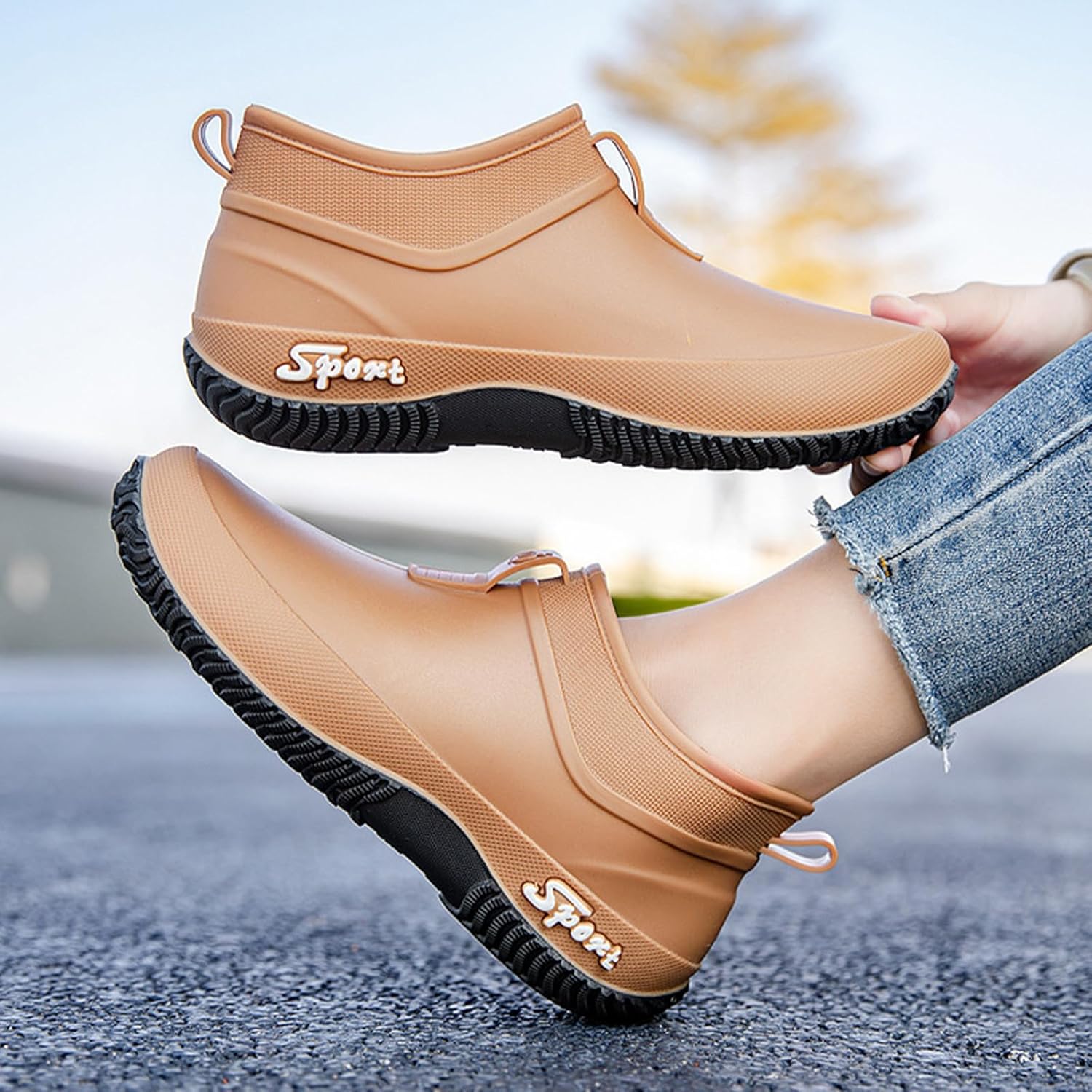 Women's Rubber Flat Low Top Rain Boot Fashion Round Wide Toe Waterproof Lug Sole Anti-Slip Slip on Deck Garden Shoes for Boating Camping Farming Outdoor Work