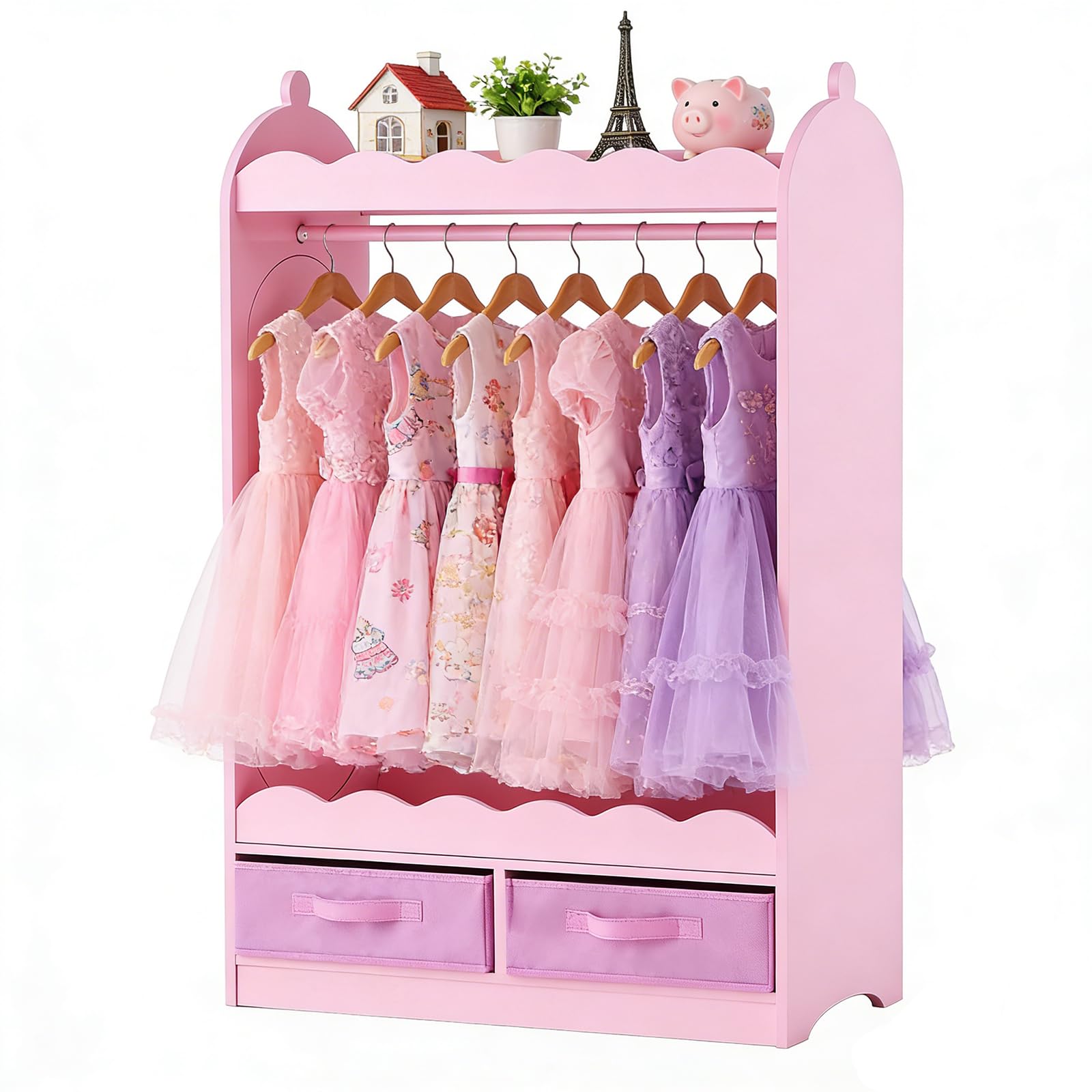 VEVOR Armario de Disfraces para Niños con Espejo, Perchero Infantil con Cajones, Organizador de Ropa, Mueble de Madera Estilo Cuento de Hadas con Barra y Compartimentos para Dormitorio, Juegos, Rosa