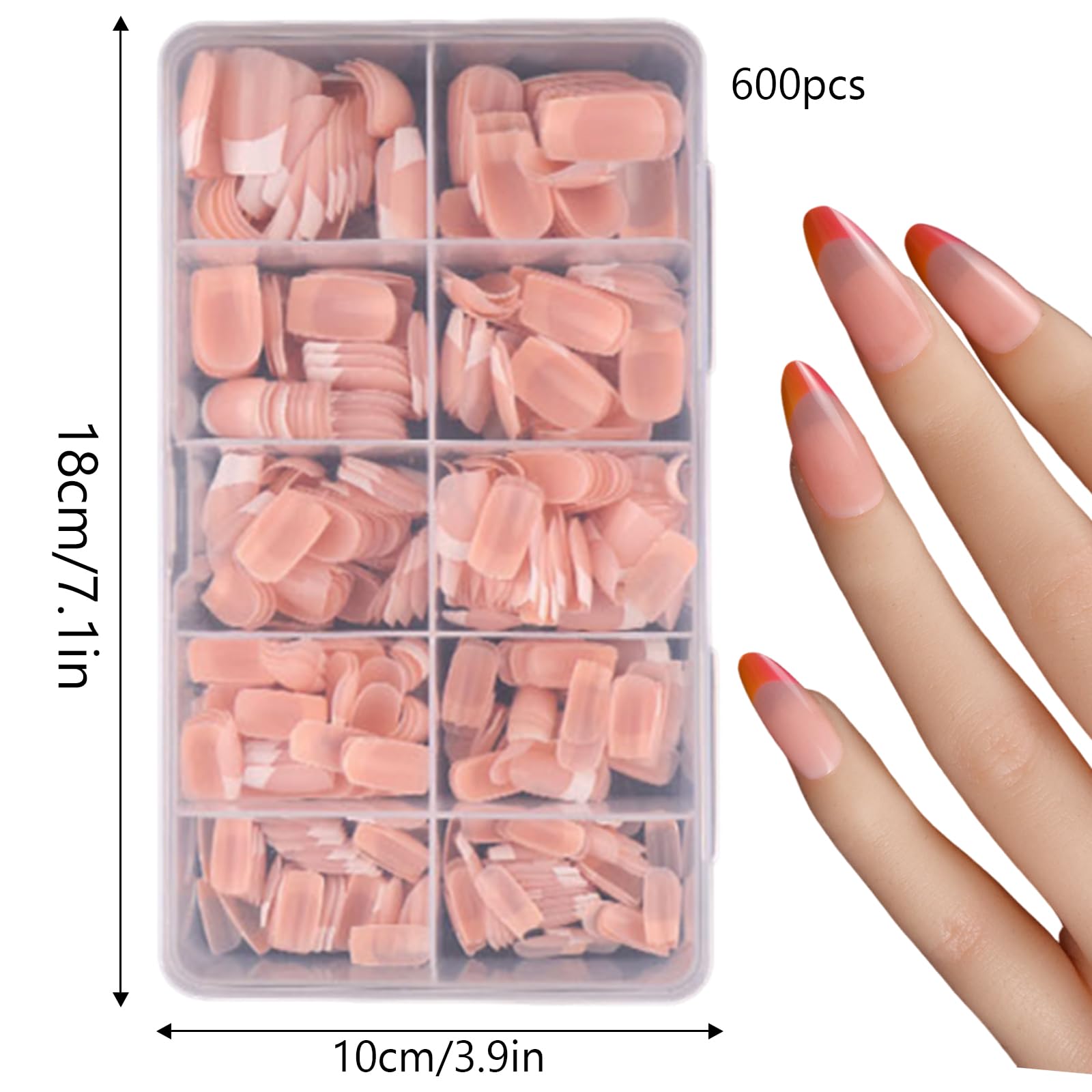 600 unidades por caja de uñas postizas con punta francesa, uñas artificiales a presión, cobertura completa, suministros de manicura