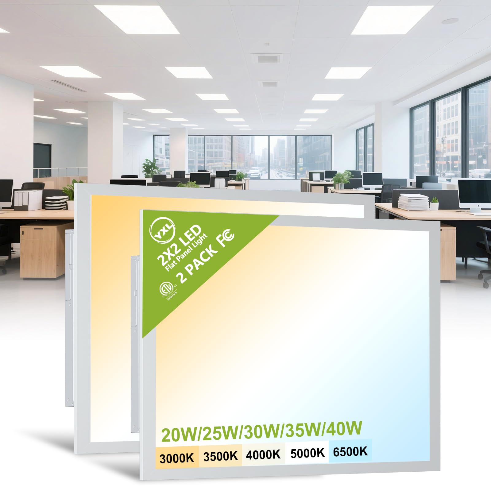 2 Pack 2x2 LED Flat Panel Light Drop Ceiling Light Fixture, 5200LM, 5CCT LED Drop Surface Mount Ceiling Office Light, 40W/35W/30W/25W/20W Selectable,6500K/5000K/4000K/3500K/3000K,Dimmable 0-10V,ETL