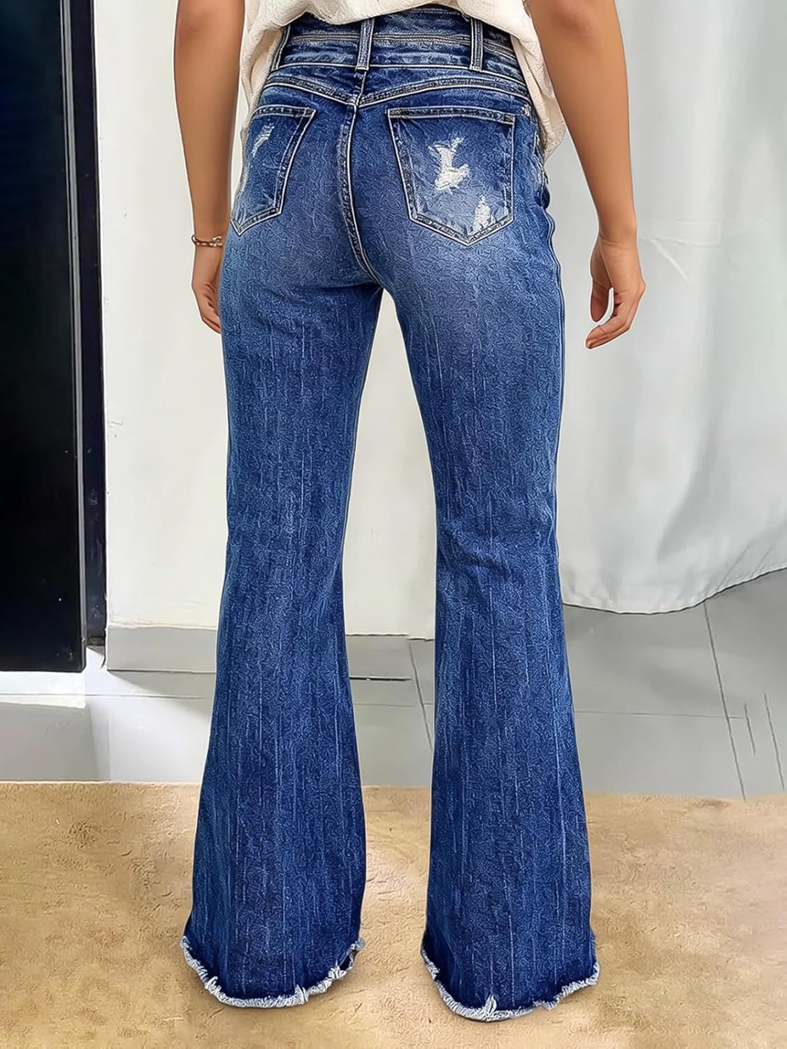 Flamingals Flare Leg High Rise Wash Raw Hem Distressed Dual Button Women's Jeans - Image 5