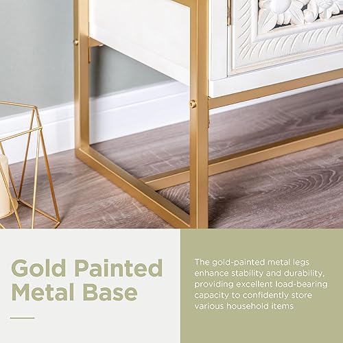 Miniatura 5 de Sophia & William Armario decorativo con puertas, gabinete de almacenamiento envejecido blanco con 2 puertas huecas talladas y patas de metal para