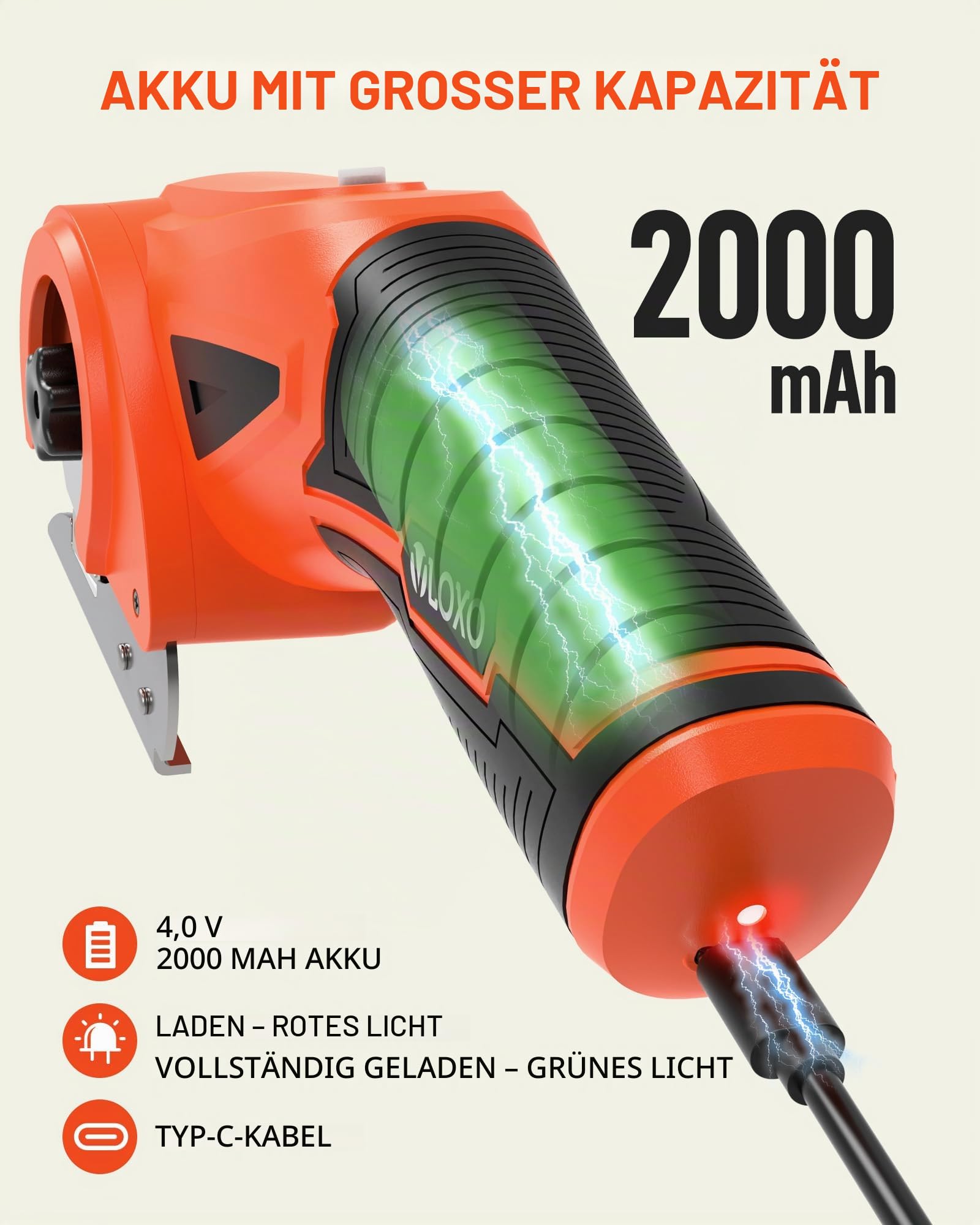 VLOXO Kartonschneider 4V Elektrische Schere Akku Universalschneider mit Leuchtung und 2 Edelstahlklingen Wiederaufladbarer Rotationsschneider Set mit Koffer für Pappe Teppich Leder Kunststoff