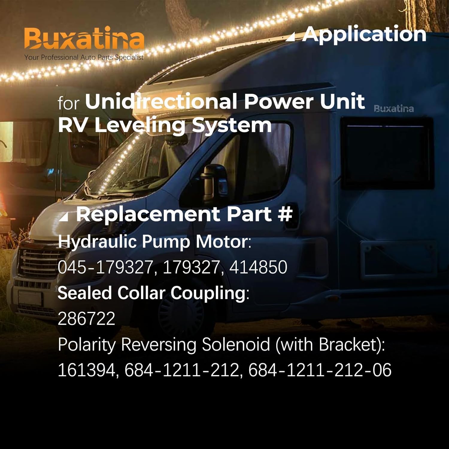 Hydraulic Power Leveling System Kit for RV, Includes 179327 414850 Hydraulic Pump Motor (with Manual Drive), 286722 Sealed Collar Coupling and 684-1211-212 Solenoid (with Bracket)