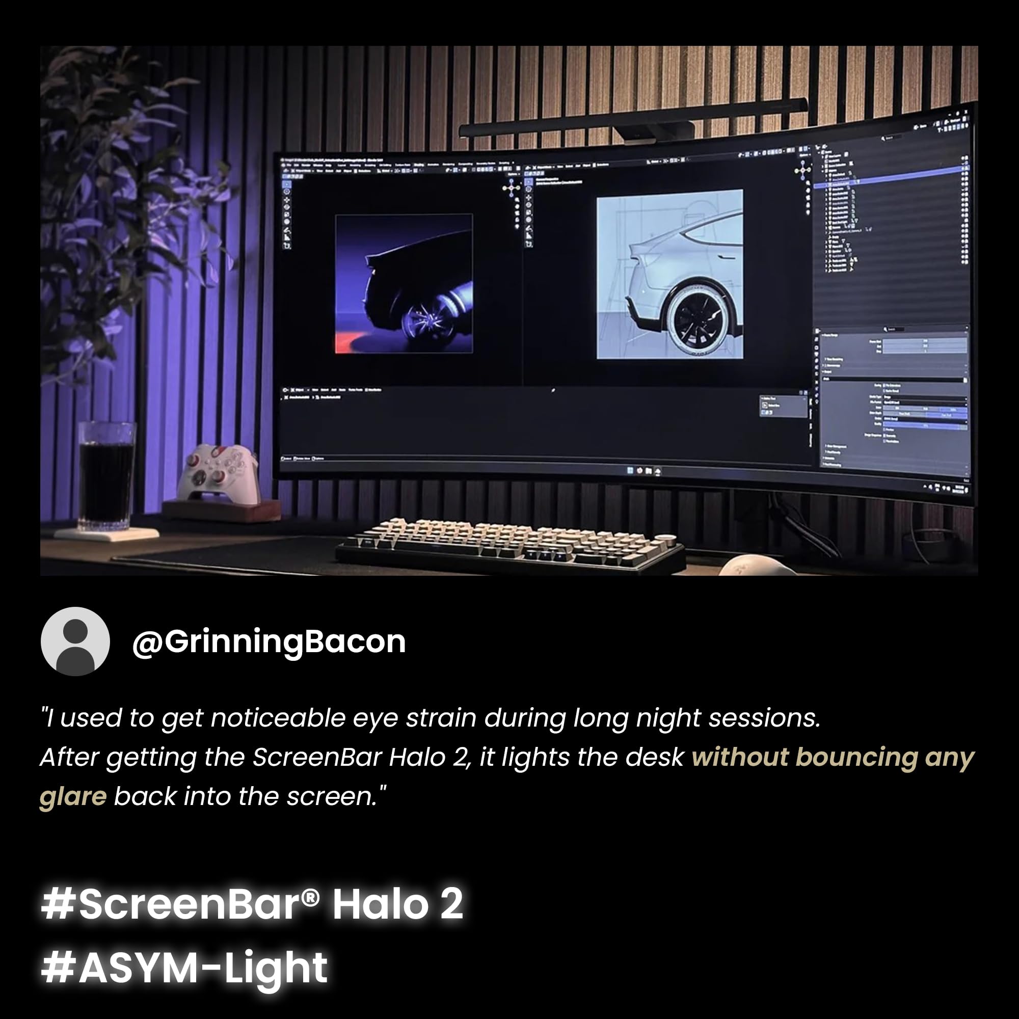 BenQ ScreenBar Halo 2 – LED Monitorlampe mit kabellosem Controller, blendfreiem Licht, einstellbarer Helligkeit & Farbtemperatur, augenschonend, USB-betrieben