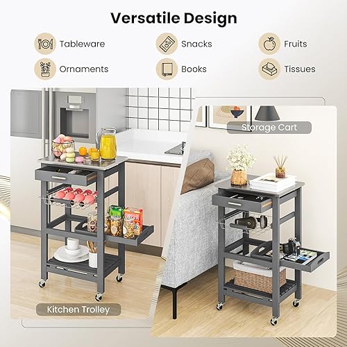 Miniatura 5 de Giantex Carrito de isla de cocina, carrito de almacenamiento de cocina rodante con mesa de acero inoxidable, cajón, cesta y estante, carrito de