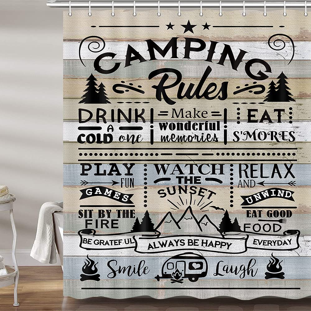 Camper RV Shower Curtain for Travel Trailer Bathroom, Farmhouse Camping Rules Quote Fabric Shower Curtains Set, Happy Camp Outdoor Decor Accessories with Hooks 72X72