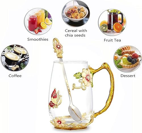 Vista 5 de Taza de té de flores, taza de café de cristal transparente con cuchara, caja de regalo para su madre, esposa, abuela, niñas, amigos, San Valentín