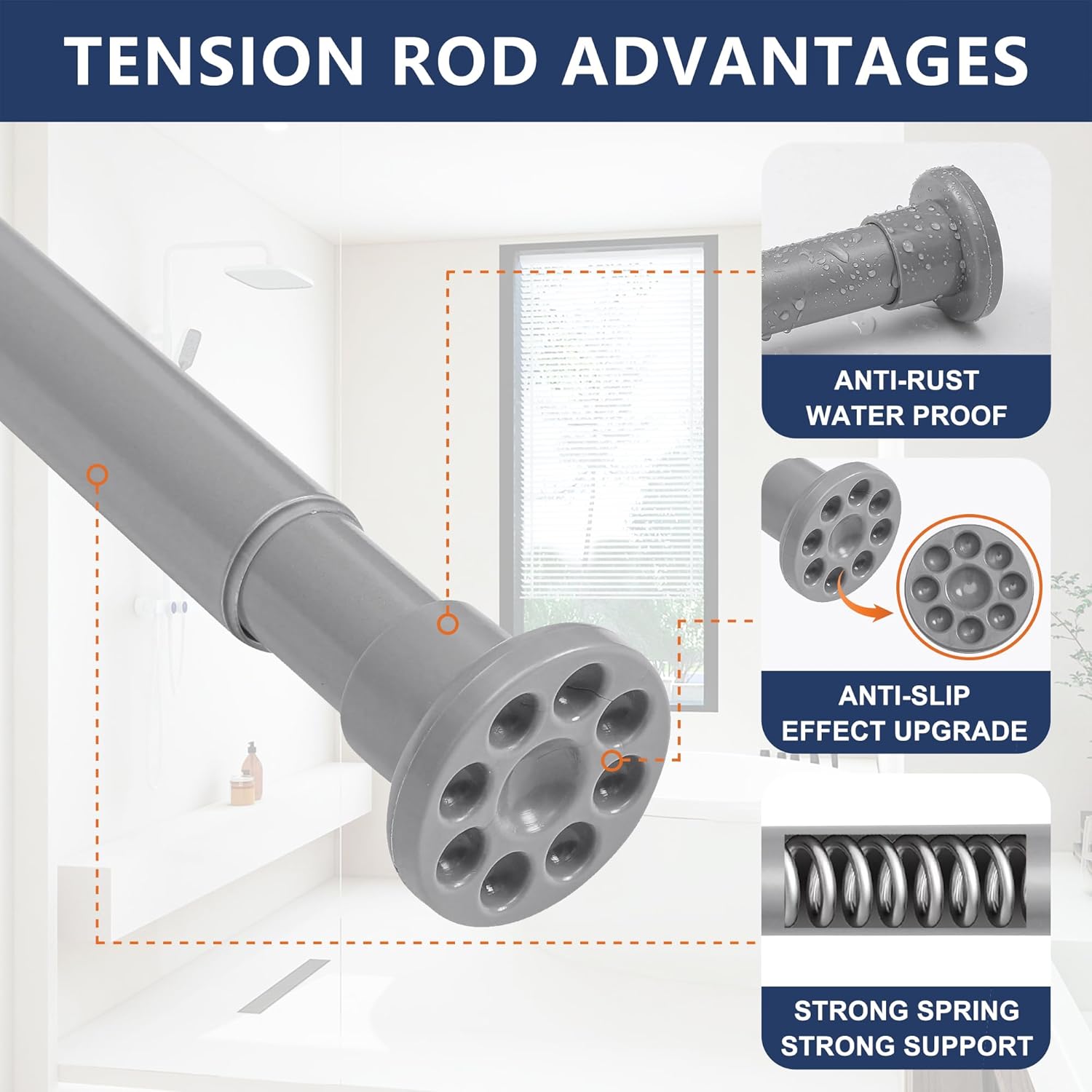 Grey Shower Curtain Rod 28"-77", Never Rust Anti-Slip Adjustable Tension Curtain Rods No Drilling, Heavy Duty Spring Enlarged Diameter 1" Tension Rod for Bathroom/Closet/Room Divider