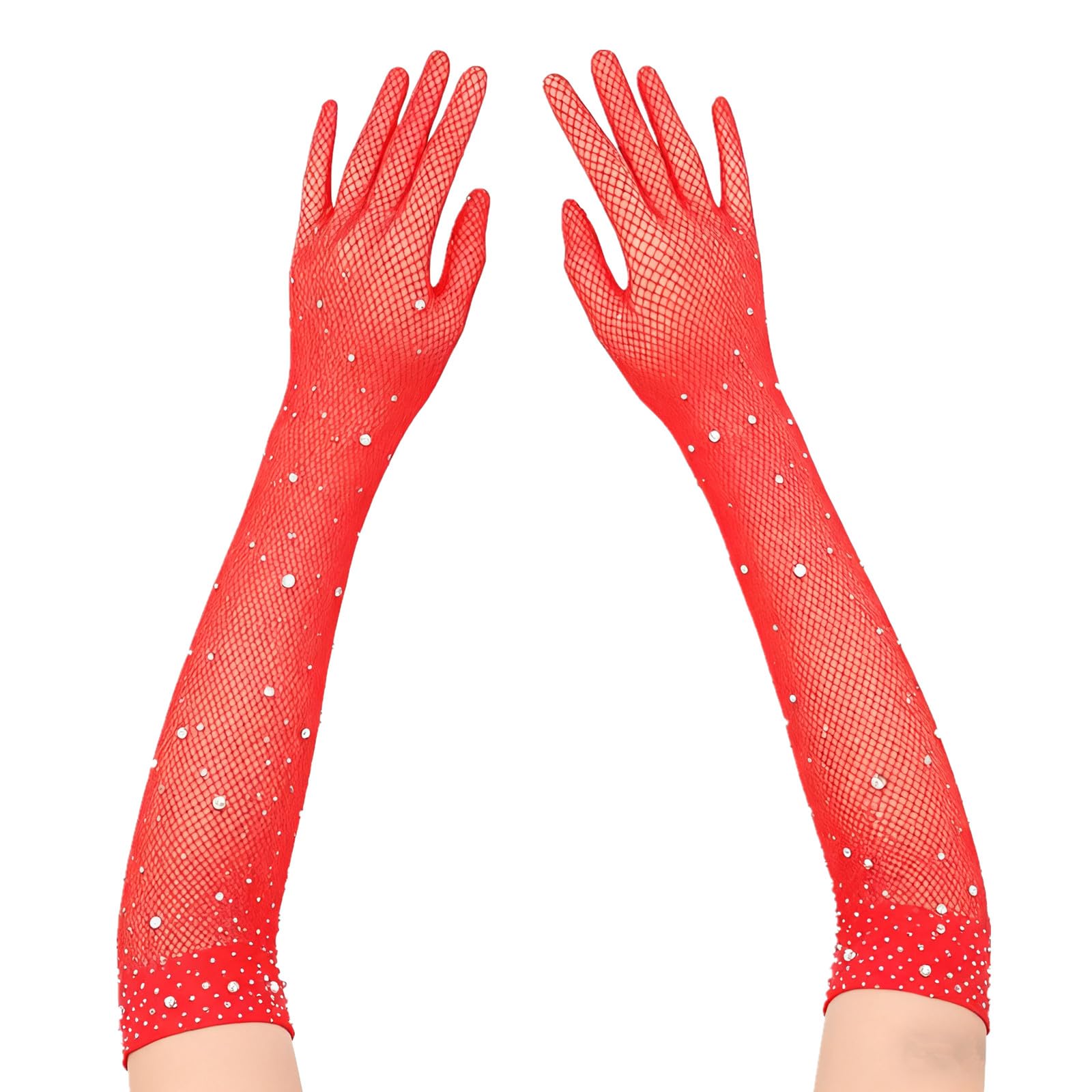 DUOYIJIN Long Fishnet Gloves with Rhinestones Sparkly Glitter Fish Net Gloves for 80s Fancy Dress Evening Party Costume Halloween Cosplay Accessories for Women, Red