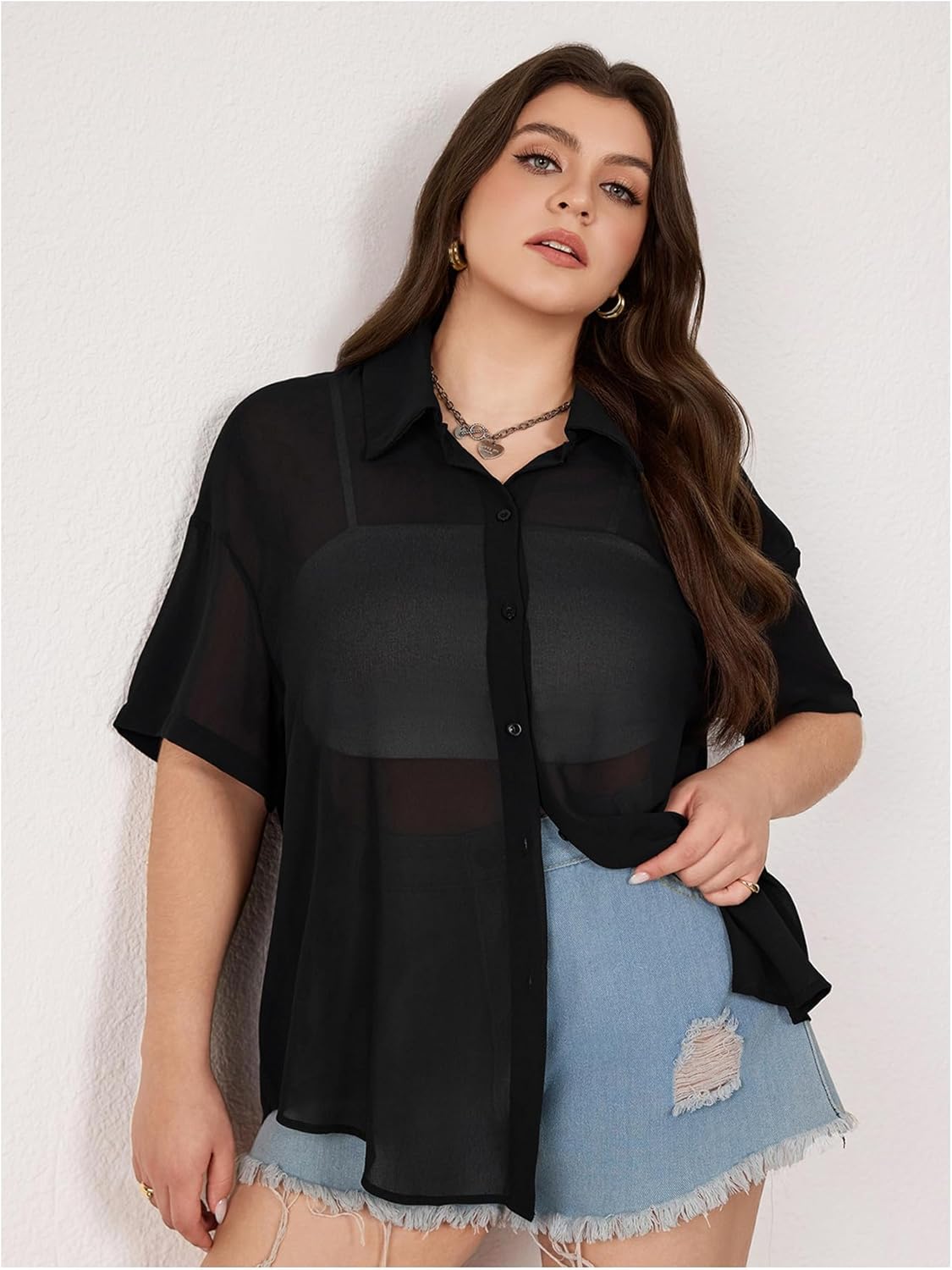 OYOANGLE Women's Plus Size Button Down Sheer Blouse Short Sleeve See Through Collar Mesh Shirts - Image 3