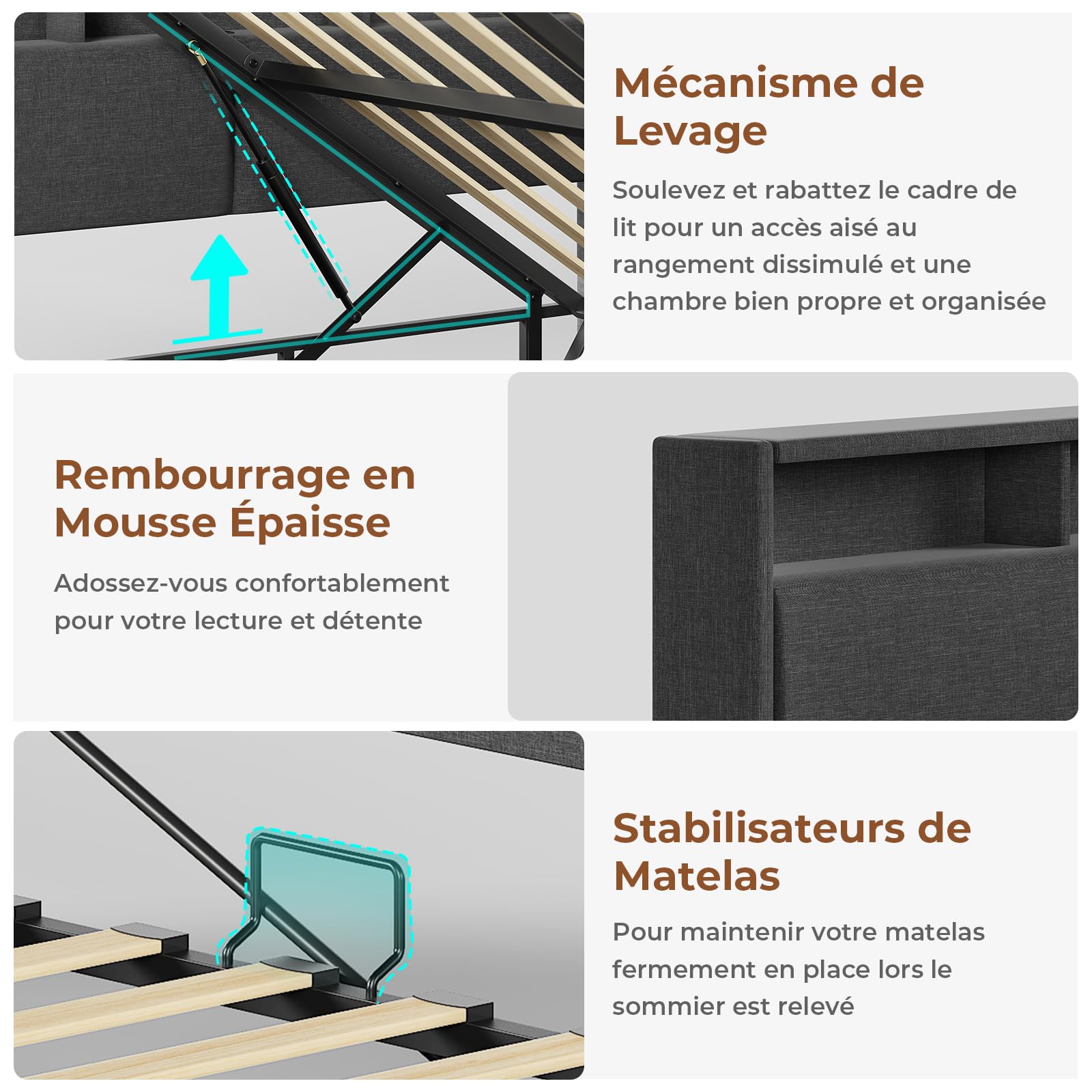 AOGLLATI Canapé lit 140 x 200, Lit Coffre 140 x 200 avec LED et Ports USB, Lit Hydraulique avec Tête de Lit capitonné et Rangement, Lit 2 Personnes avec Lattes en Bois, Lin Gris Foncé(sans Matelas)