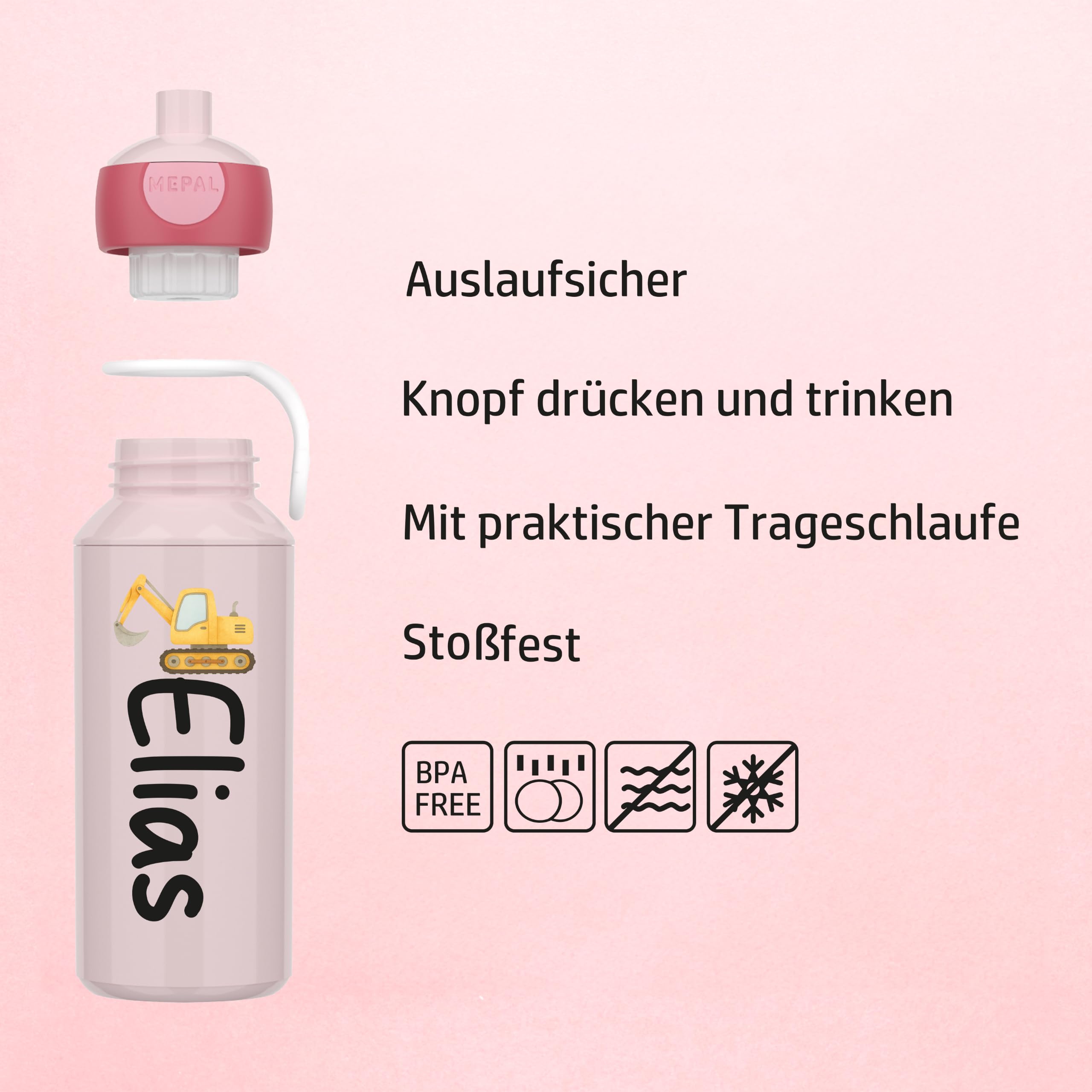 Mepal Brotdose Personalisiert | Süßer Gelber BAgger - Baufahrzeuge | Lunchbox Trinkflasche Lunchpot Personalisiert Mini Müslibecher Geschenk Einschulung Kitastart Kindergarten Schule Flasche