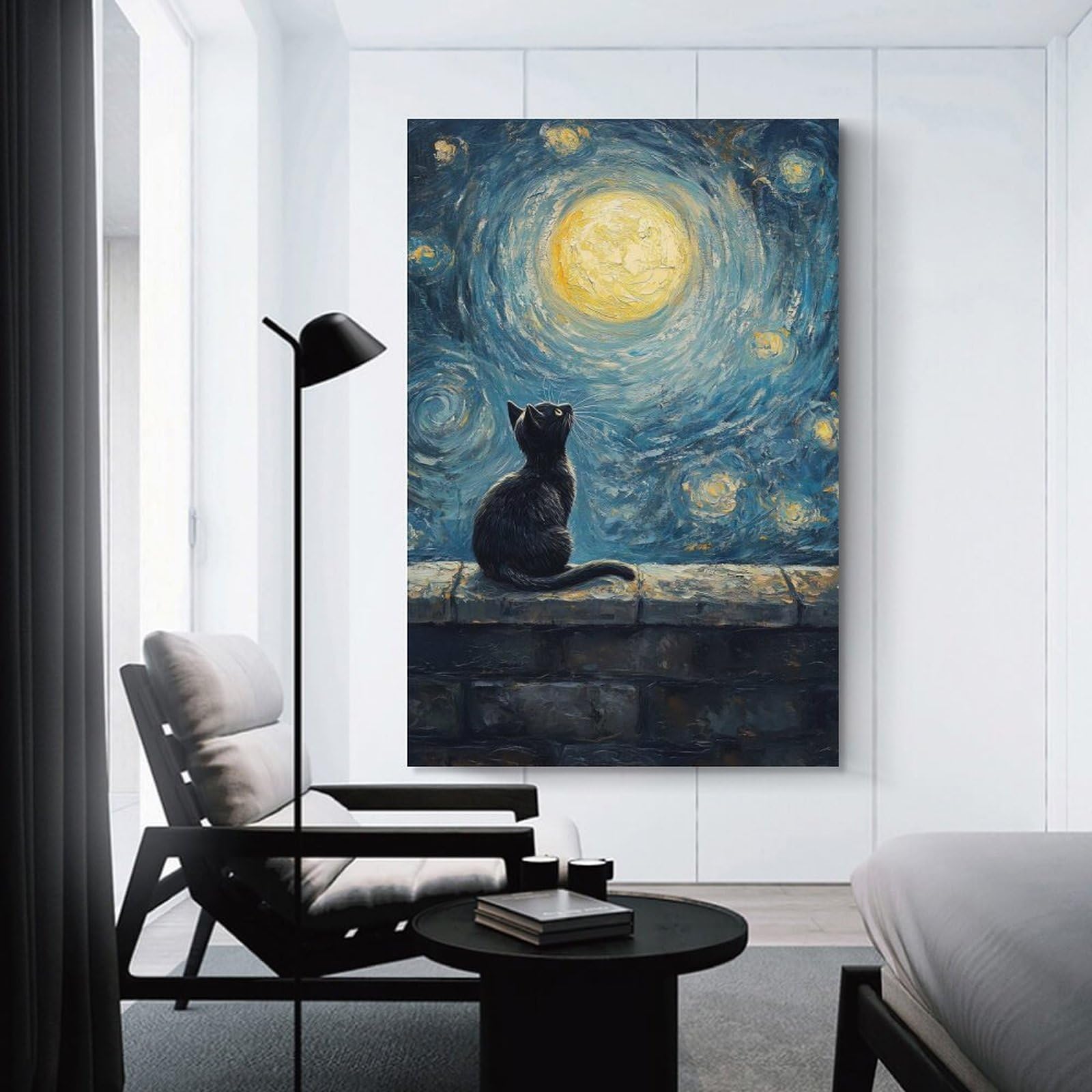 Junmoney Room Decor Wall Art Cat Under Starry Night, 08x12inch(20x30cm), for Entrance Spaces, Stair Walls Or Halls, Home Artwork for First Impressions