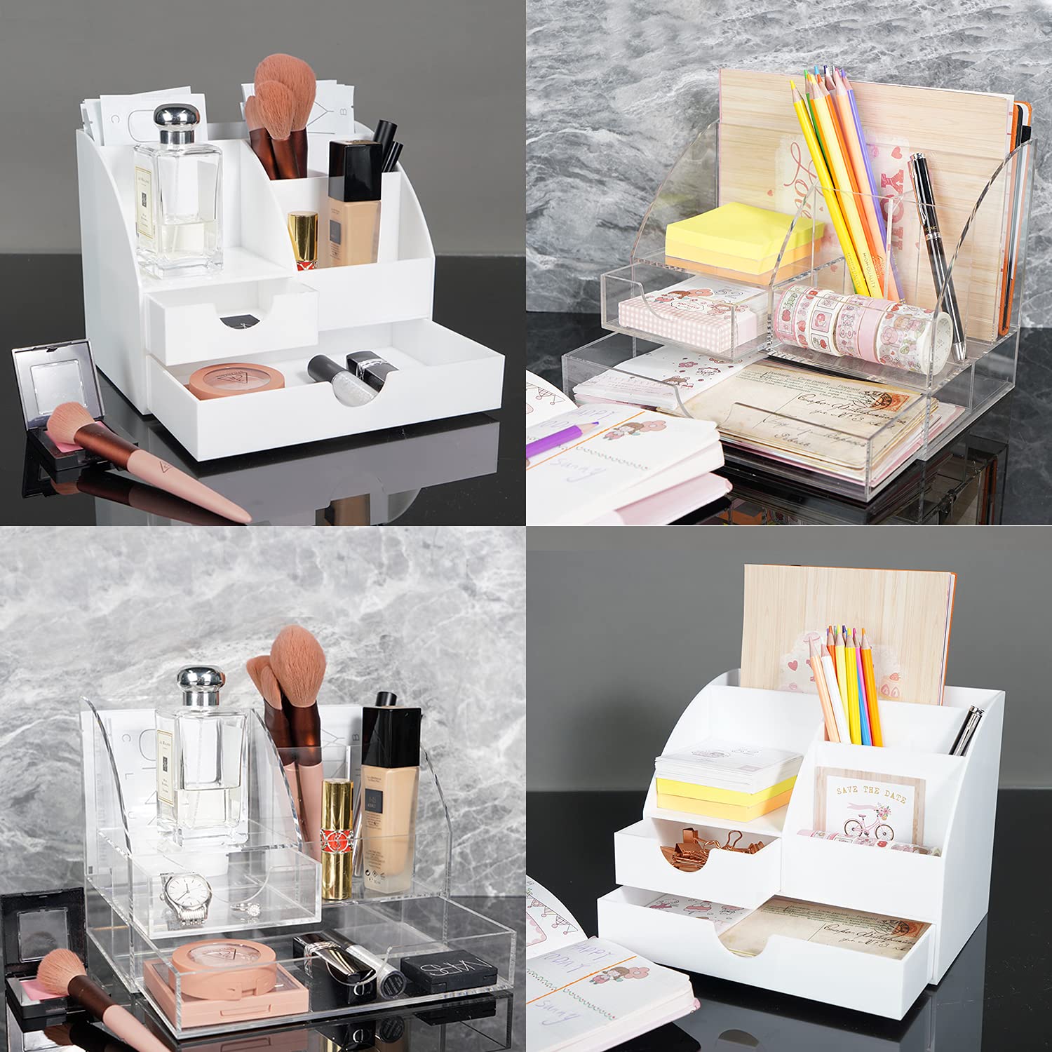 Acrylic Desk Organizer,Cute Office Supplies Accessories Essentials Caddy with 5 Divided Compartments & Two Drawer for Home & Office Desktop Organization & Decor, Clear. 4