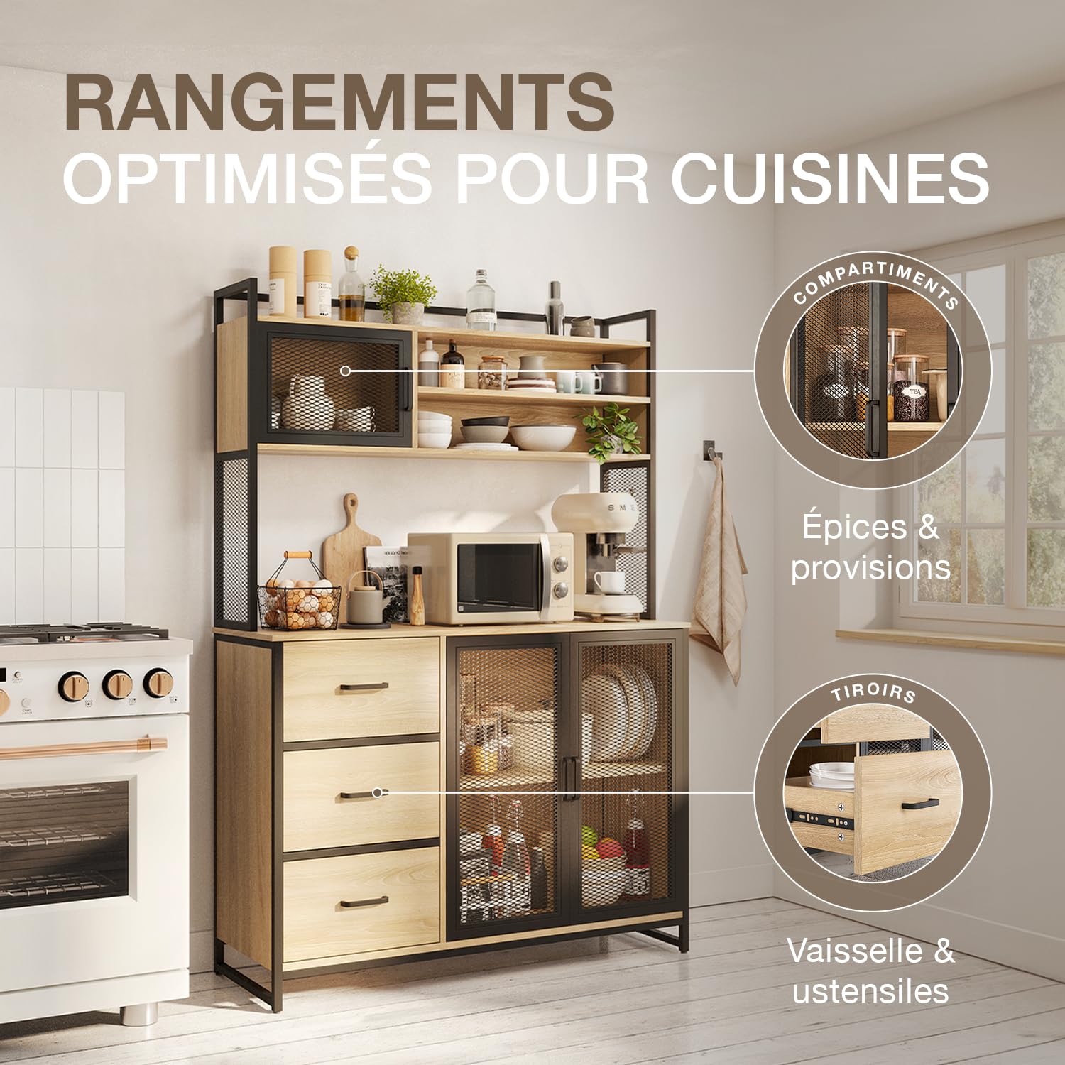 CATAVANA - Buffet Multifonctionnel 116 x 40 x 170 cm - Design Moderne pour Cuisine, Salon ou Bureau - Meuble de 3 Portes et 3 Tiroirs pour un Rangement Optimal de Vos Ustensiles, Livres et Décorations