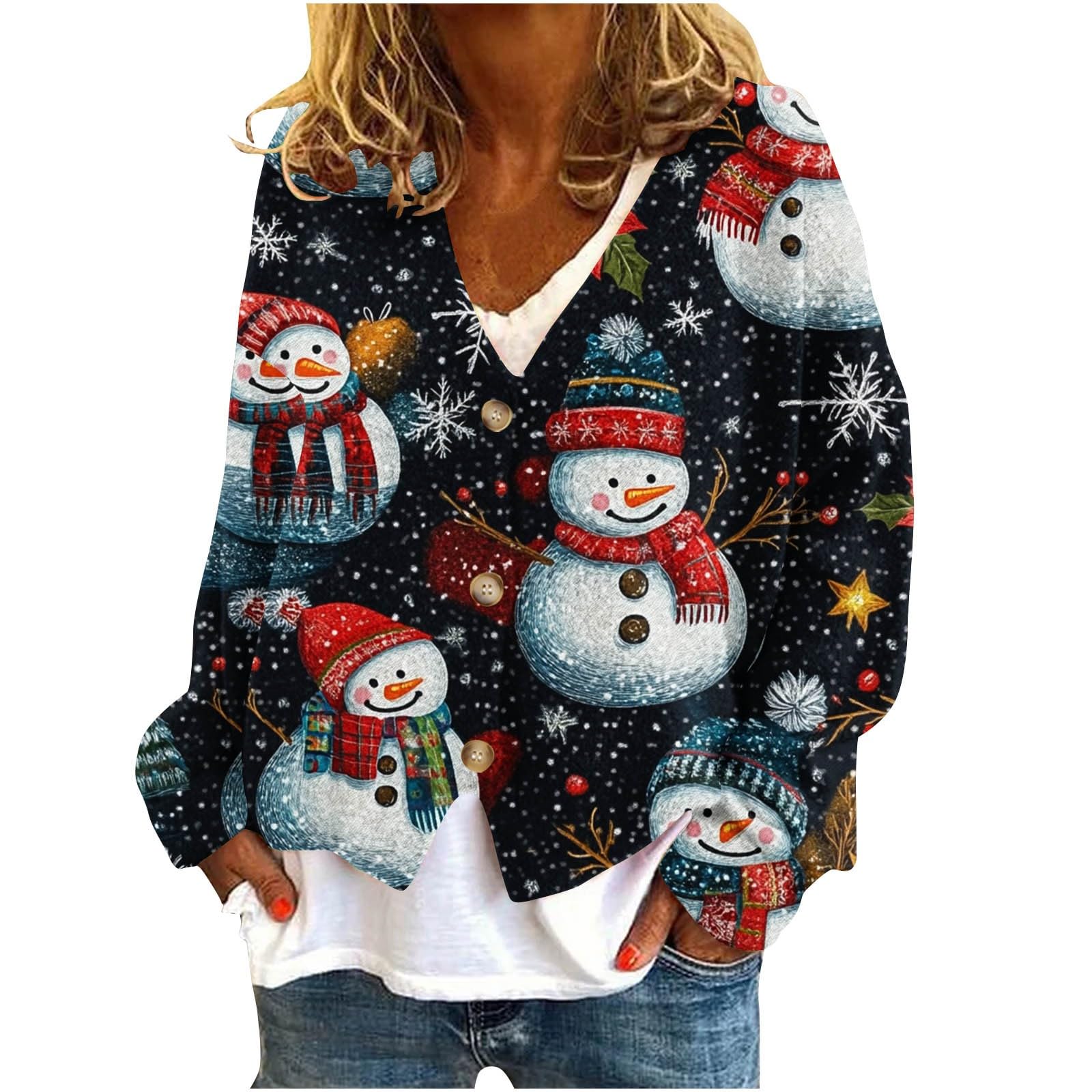 NaRHbrg Womens Christmas Cardigan Snowman Print Button Down Knit Jackets Cozy Loose Fit Winter Coat Holiday Sweater Outwear