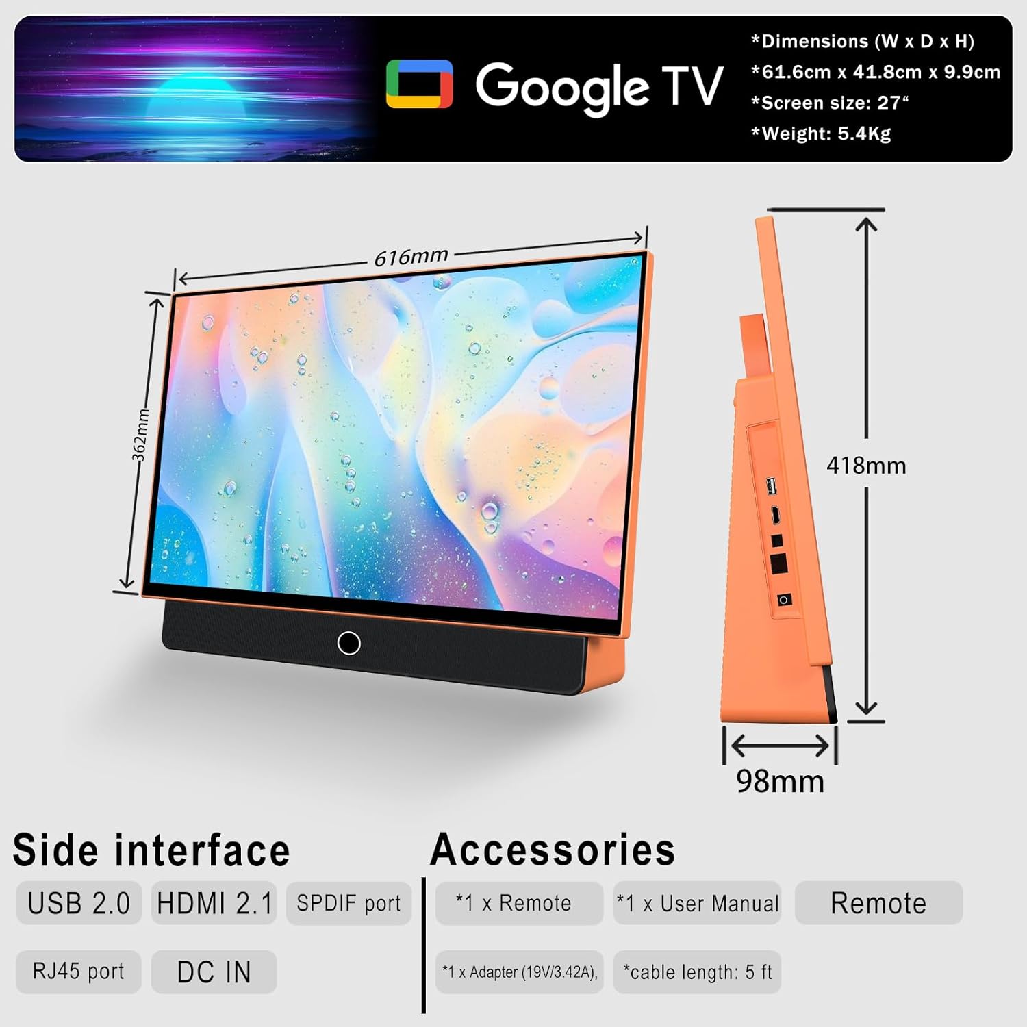 27 inch Portable TV FHD 1080P Android14 OS with Google TV,9000mAh Battery,Dolby Audio,100%sRGB,Google Assistant,Leather Handle,Streaming Android TV with Carry Case for Outdoor Travel Camping,Orange