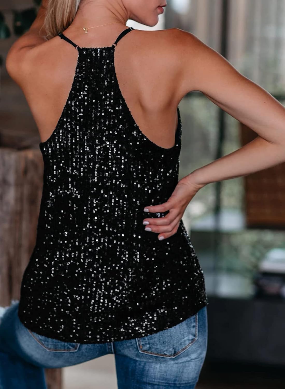 miduo Womens Tank Tops Casual Fashion V Neck Strappy Sequin Sparkle Shimmer Camisole Sleeveless Tanks Tops - Image 5