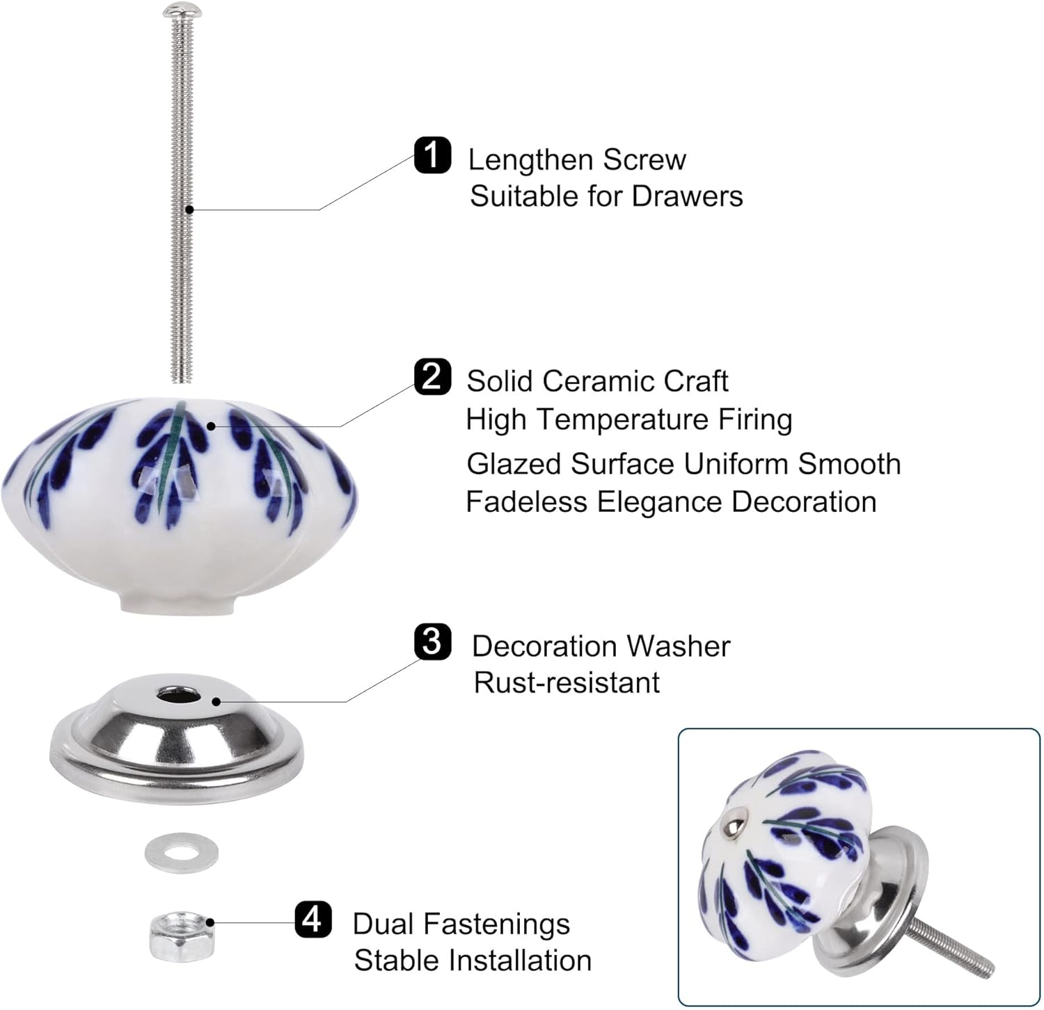 Handmade Floral Decorative Drawer Knobs, White and Blue Ceramic - Pachira Macrocarpa Pattern, Set of 6 for Dresser, Cabinet, Drawers, Closets