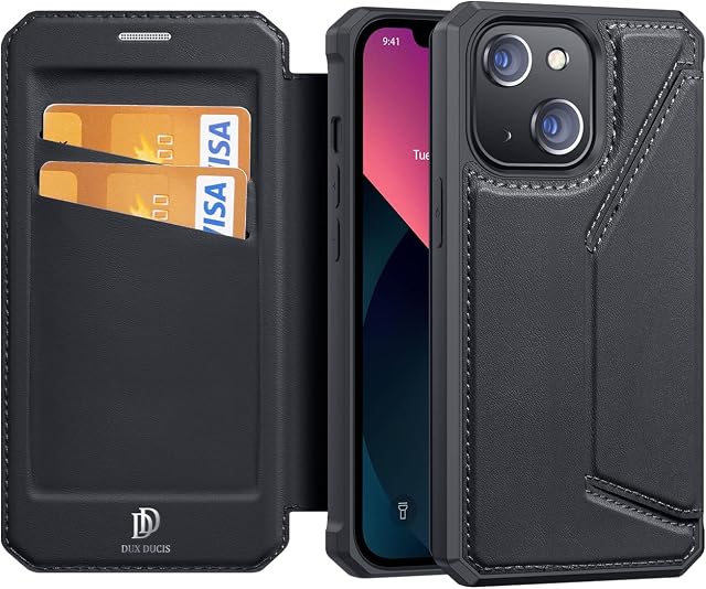 DUX DUCIS Case for iPhone 13, Premium Flip Leather Wallet Magnetic Phone Case with Card Holder Compatible with Apple iPhone 13 (Black)