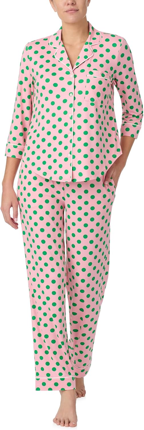 kate spade new york Pajamas for Women 2 Piece Set Comfy Modal Classic 3/4 Sleeve Notch Collar Button Top & Pants