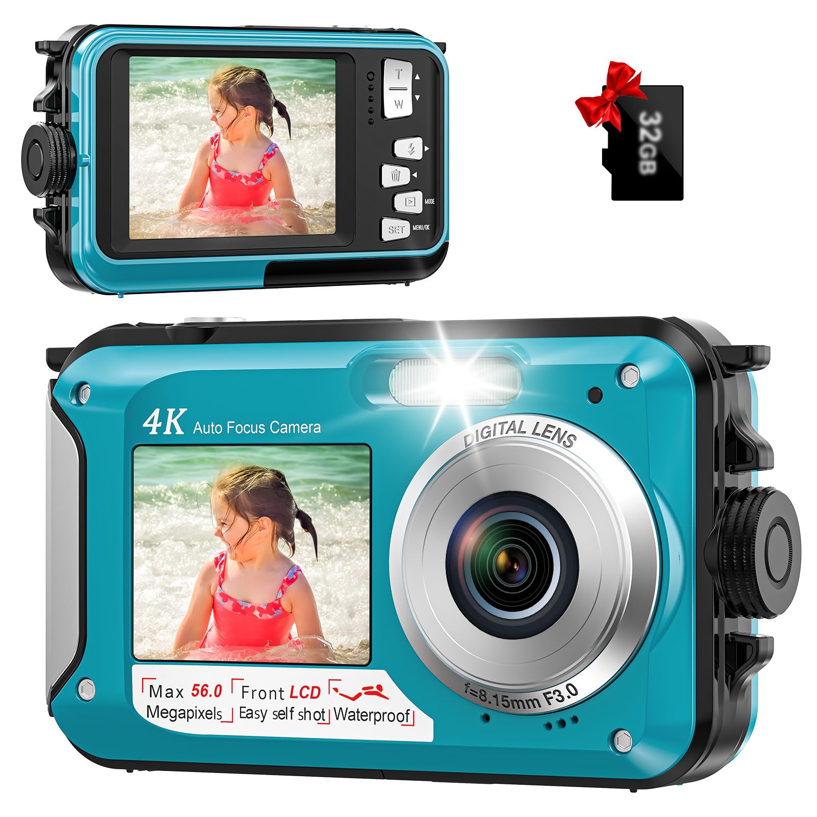 YISENCE Appareil Photo Etanche 56MP 4K Caméra sous-Marine Autofocus Zoom numérique 16x Double écran 2,8 Pouces Carte 32 Go
