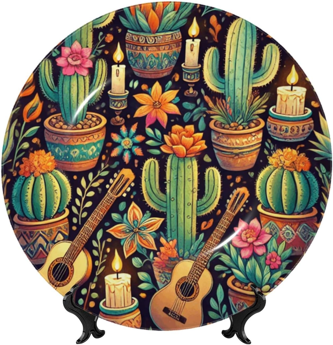 Desert-Cacti-Guitar 10 Inch Decorative Plate With Stand, Elegant Display Wall Plate For Home Decor