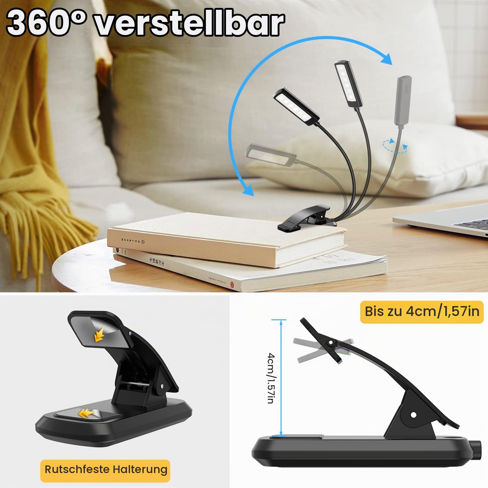 TEAMPD Leselampe Buch Klemme, Buchlampe mit 10 LEDs, 3 Farbtemperatur Modi Dimmbare Helligkeit, Augenschutz Klemmlampe… – Ansicht 5