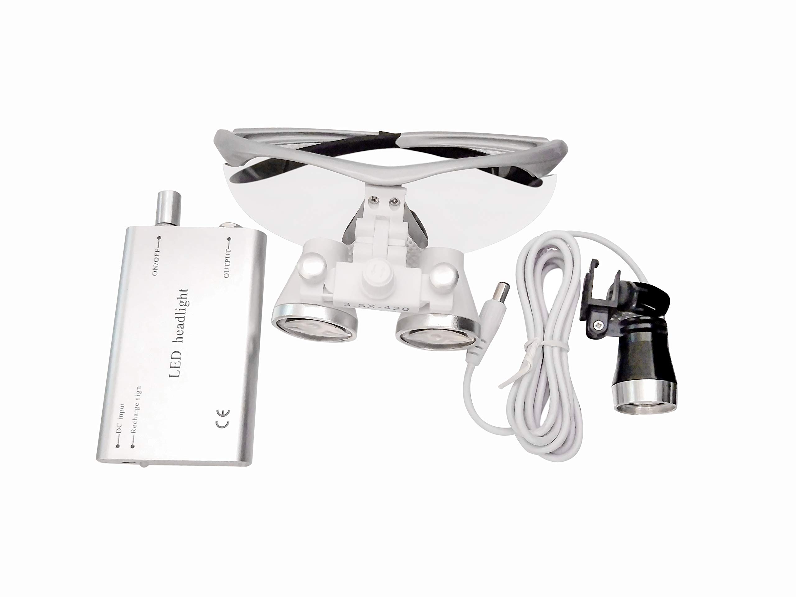 Tragbares 3,5 x 420 mm Surgical Binokular Loupes Optisches Glas + LED-Headlight Silber