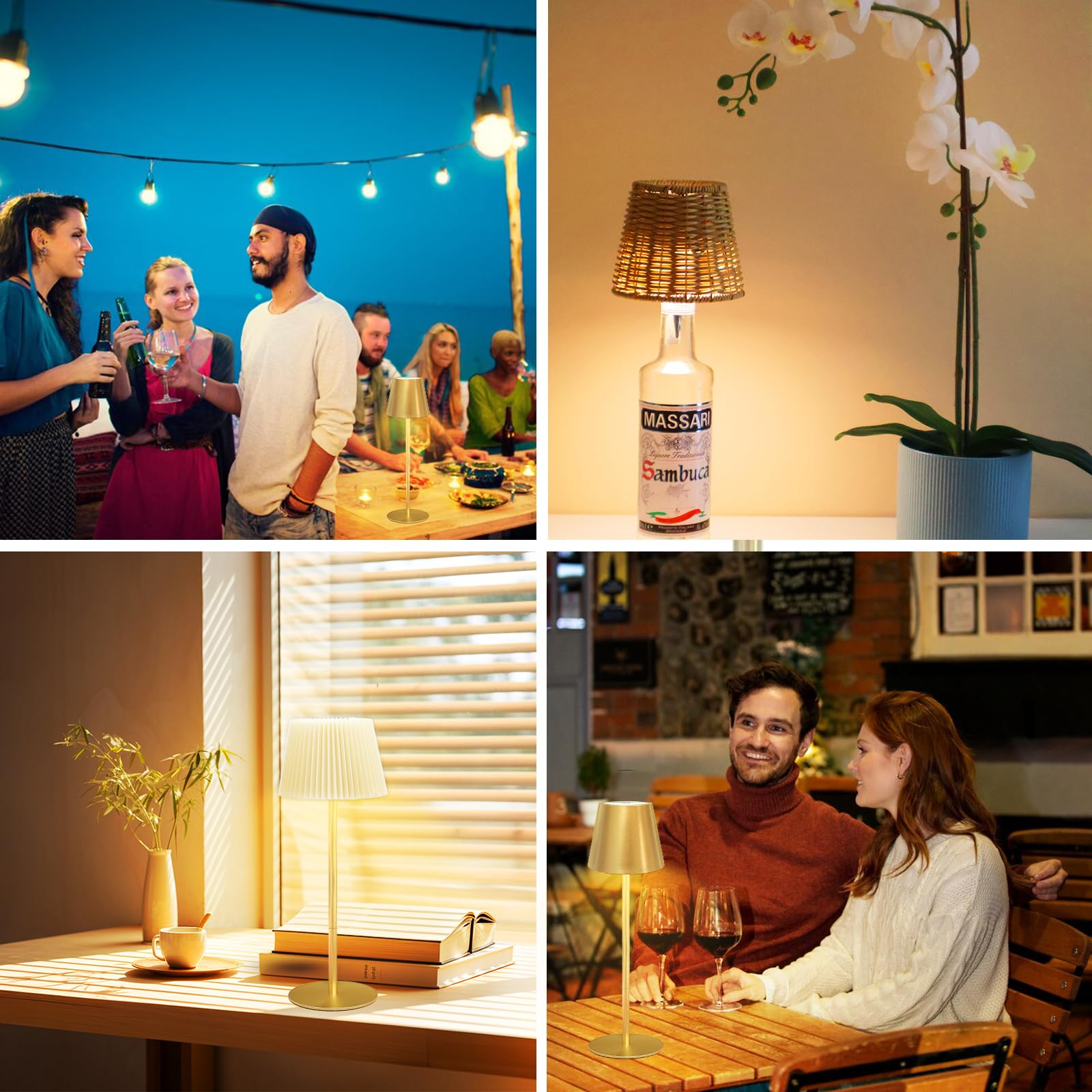 ANTELA Tischlampe LED Kabellos Dimmbar, Goldene, 2 Stück | Innen/Außen, 3000K/4000K/5000K, Auswechselbarer Lampenschirm, USB-C