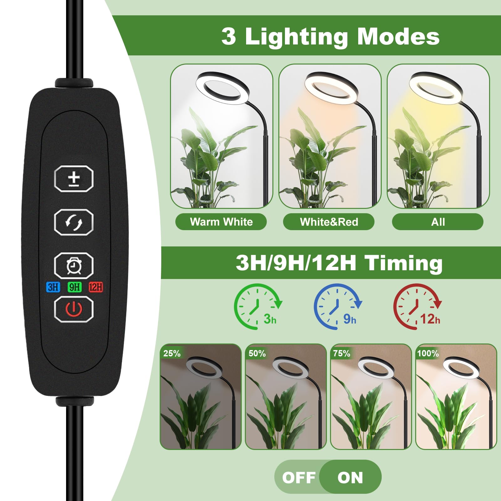 Neueste Pflanzenlampe, 96 LEDs Vollspektrum Pflanzenlich mit Standfuß, 3 Farben Grow Light mit 3/9/12H Auto-Timer & 360° flexibler Schlauch, 58-170 cm Höhenverstellbar für Zimmerpflanzen