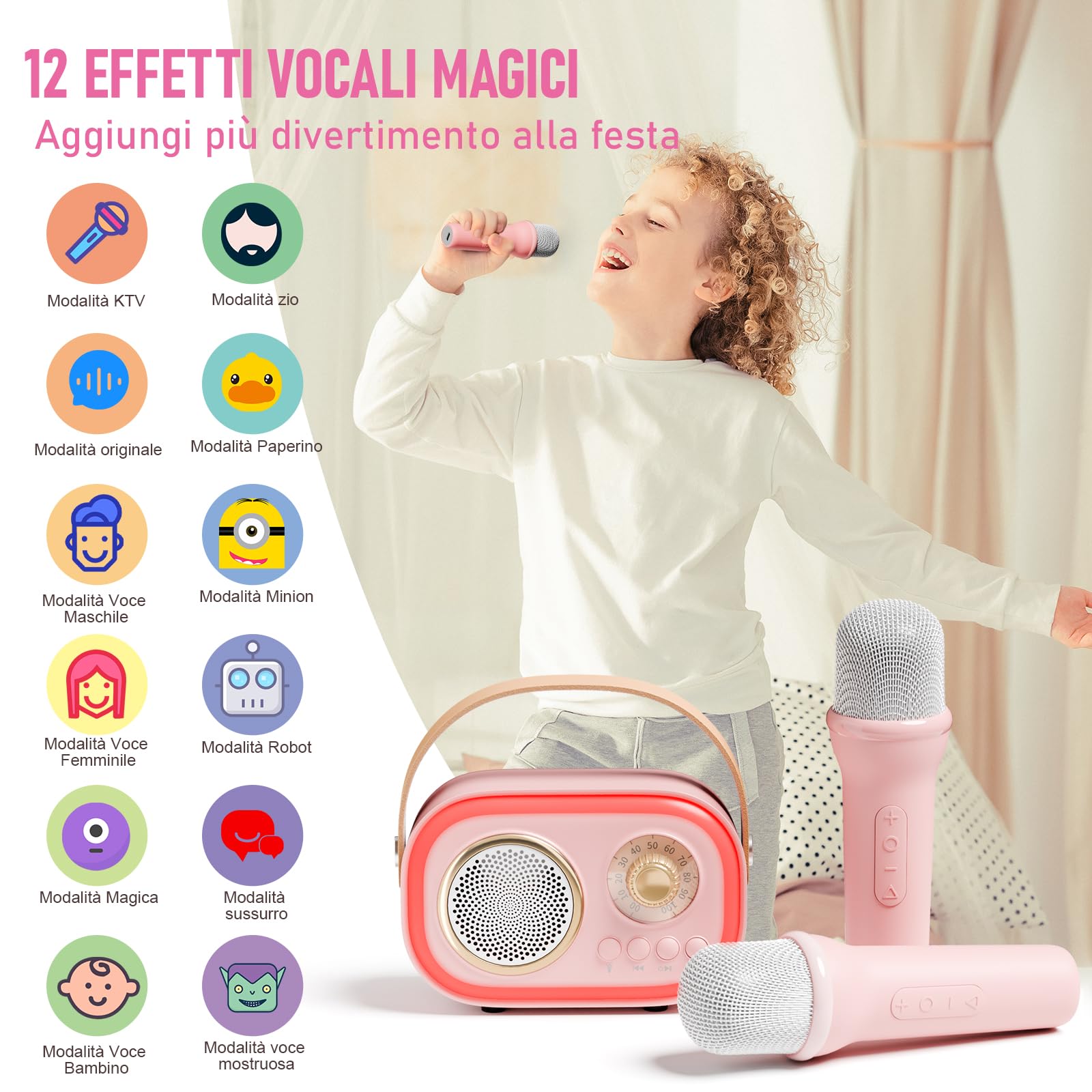 Karaoke per Bambini e Adulti con 2 Microfono, Regalo Bambina 3-18 Anni Macchina per Karaoke Bambini Bluetooth con 5 LED e 12 Effetti Vocali，Giochi Bimba 3-18 Anni,Regalo Natale Compleanno Giocattoli