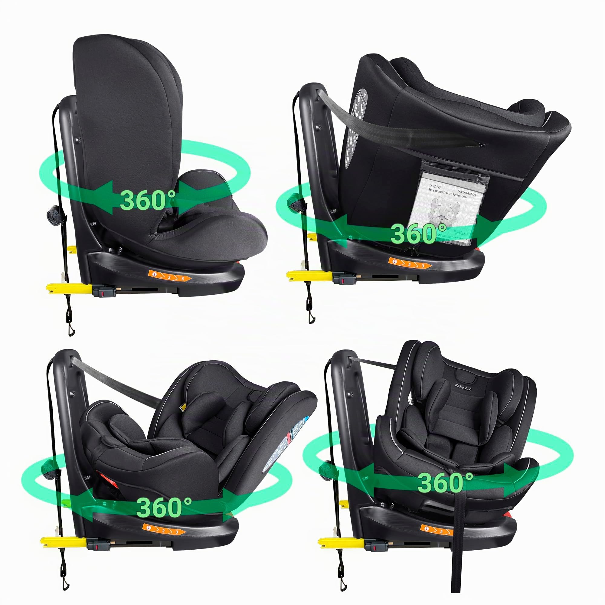 XOMAX XZ-16 Kindersitz drehbar 360° mit ISOFIX Liegefunktion mitwachsend 0-36 kg, 0-12 Jahre, Gruppe 0/1/2/3 I 5-Punkt-Gurt und 3-Punkt-Gurt Bezug abnehmbar, waschbarI ECE i-Size 129R (Schwarz)