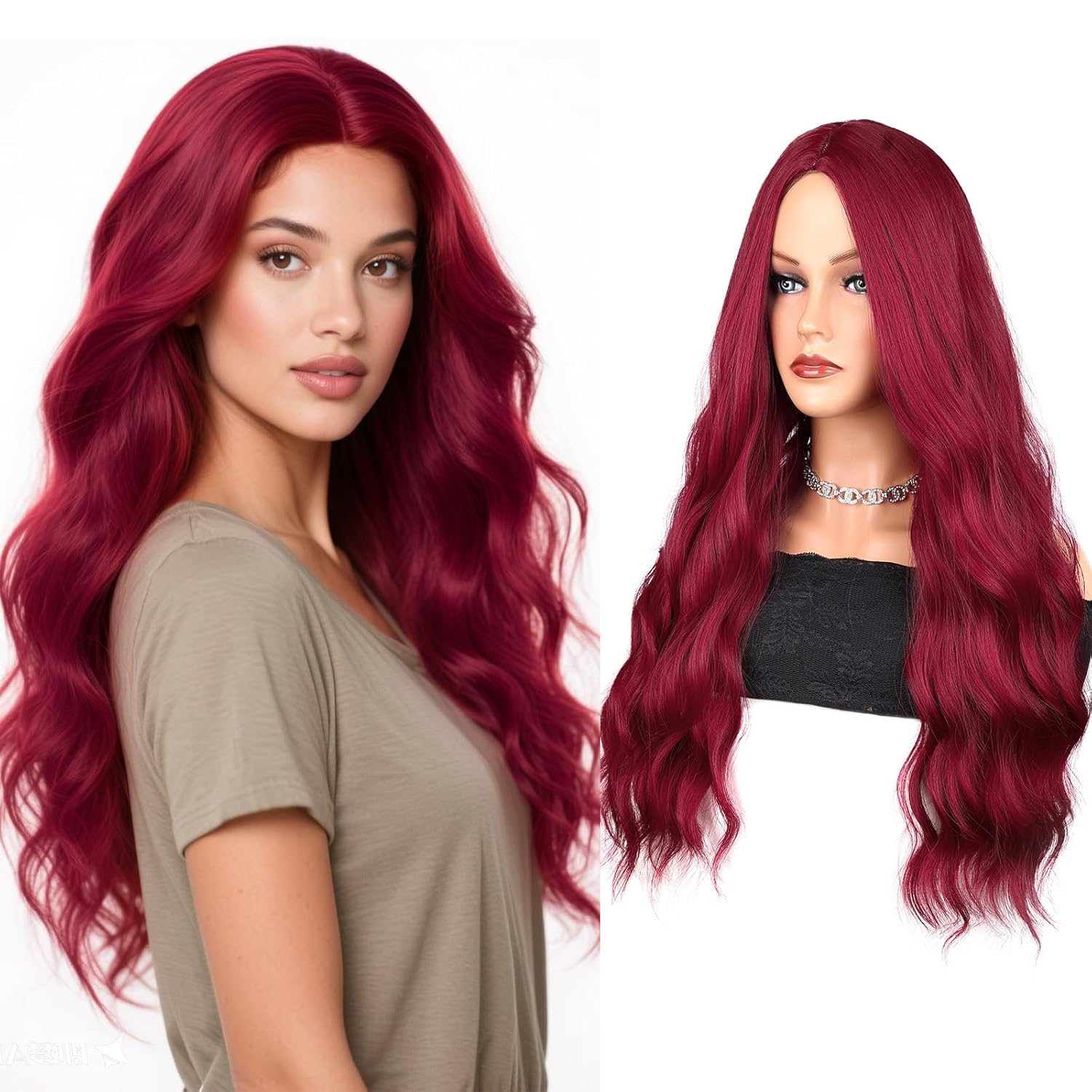 BATISI Burgundy Wig Wavy Middle Part 26 Inch Long Synthetic Hair Wigs for Women, Cosplay Costume Hair Replacement Wig for Party, Heat Resistant 26 Inch Burgundy Wigs