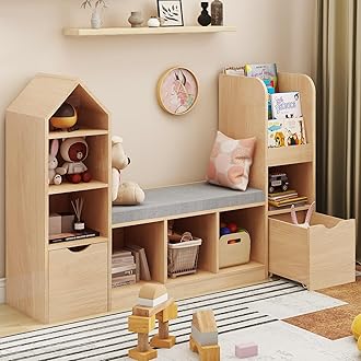 VabchesToy Storage Organizer for Kids Bookshelf with Reading Nook, Multifunctional Kids Bookcase with 7 Storage Cubbies, 2 Movable Drawers and Seat Cushion for Keeping Kids' Toys Books Organized, Oak