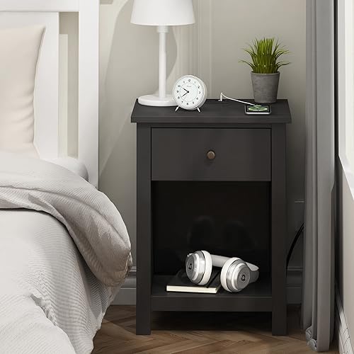 Miniatura 7 de ChooChoo Mesita de noche con estación de carga, mesita de noche de madera con cajón y espacio de almacenamiento para dormitorio, color negro
