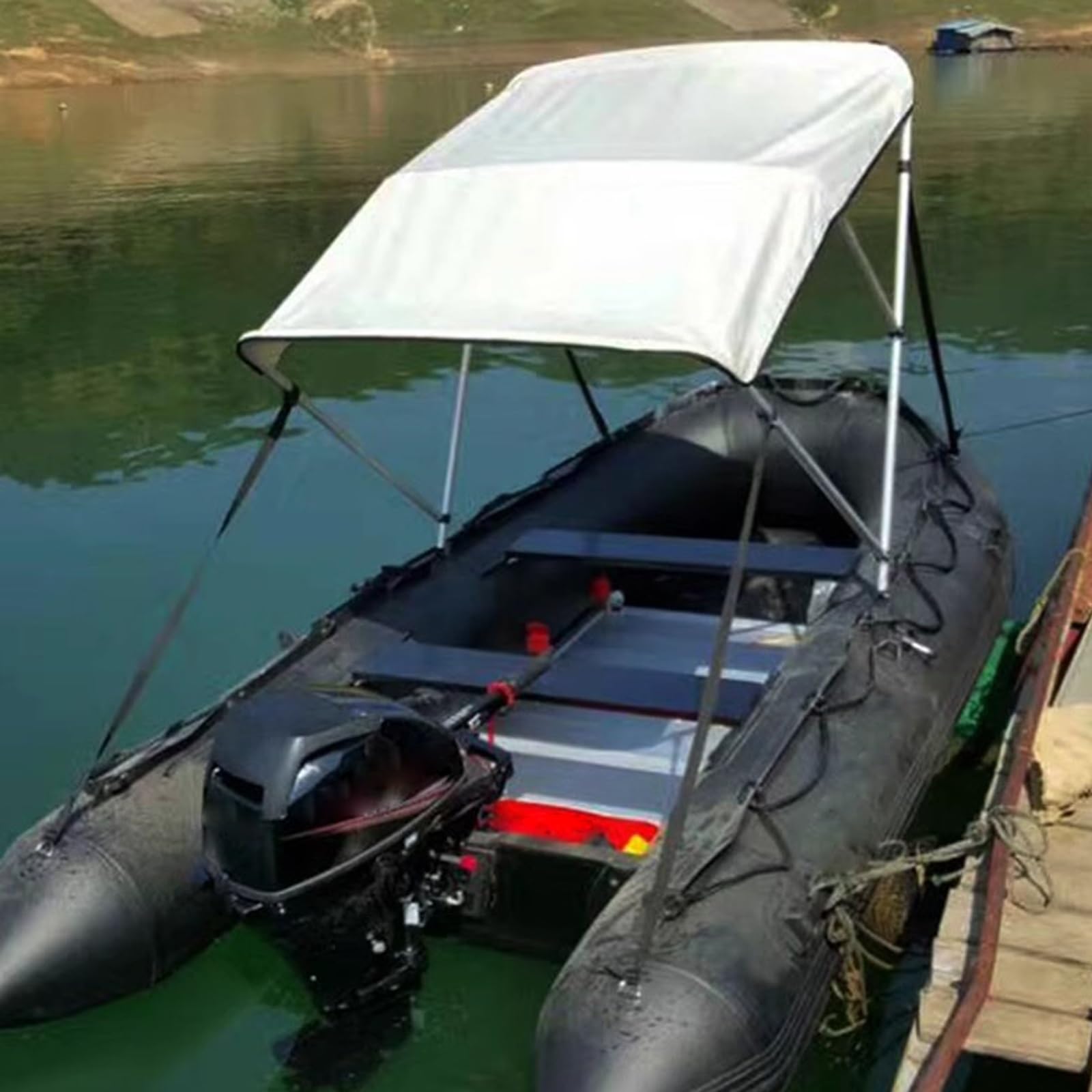 Bimini Top Pokrowiec na łódź - Zadaszenie na łódź Pontonową - Osłona przeciwsłoneczna, Ochrona przed słońcem i promieniowaniem UV - Łatwy montaż za pomocą pasów przednich i tylnych (S)