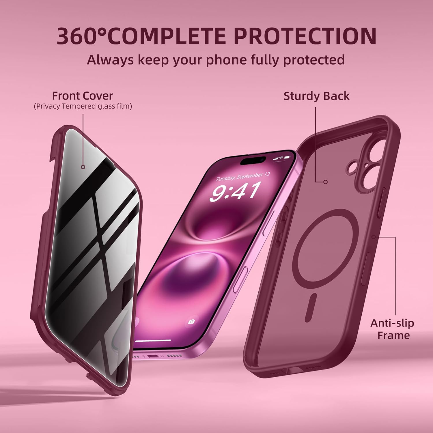 BERFY for iPhone 16 Plus Case, Compatible with MagSafe, Built-in Privacy Screen Protector and Camera Protection, Anti-Spy Full Body Shockproof Matte Phone Case for 16 Plus 6.7", Dark Red - Image 9