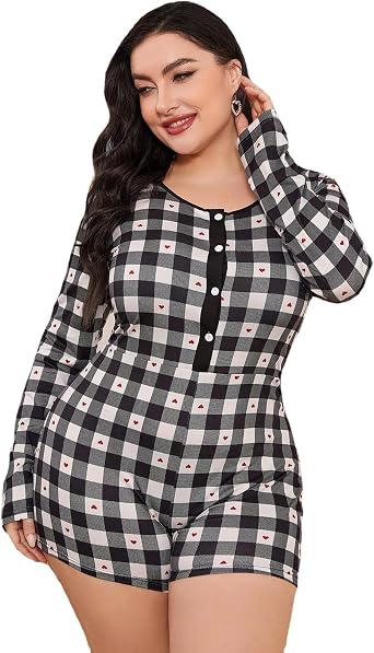 Women Plus Size One Piece Button-Down Plaid Pajamas Heart Print Shorts Rompers Onesies Short Sleeve Loungewear