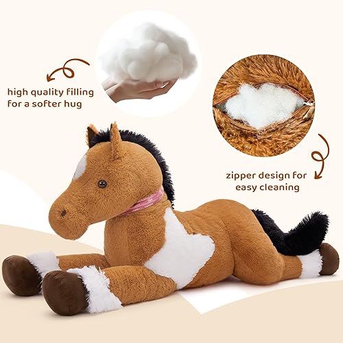 Miniatura 8 de Tezituor Animales de peluche gigantes realistas de 47 pulgadas, almohada suave de peluche de caballo de 4 pies, juguetes de peluche de poni de