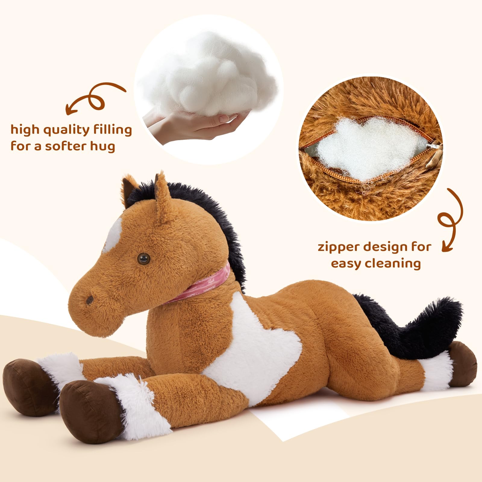 KERTA 47inches Giant Realistic Horse Stuffed Animals, 4ft Soft Horse Plush Hugging Pillow, Large Stuffed Pony Plush Toys Birthday Gift for Boys Girls 8