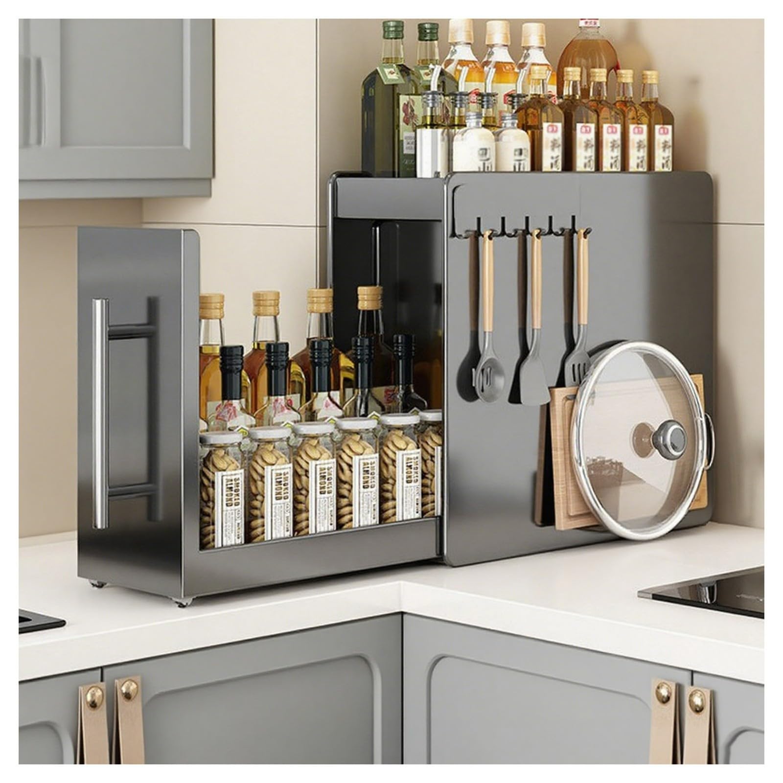 HADECOLL Vertical Sliding Spice Rack, Sturdy Extendable Narrow Metal Shelf With 2 Levels And Drawer, For Kitchen Spices And Cooking Utensils,Black-2 Tier-S