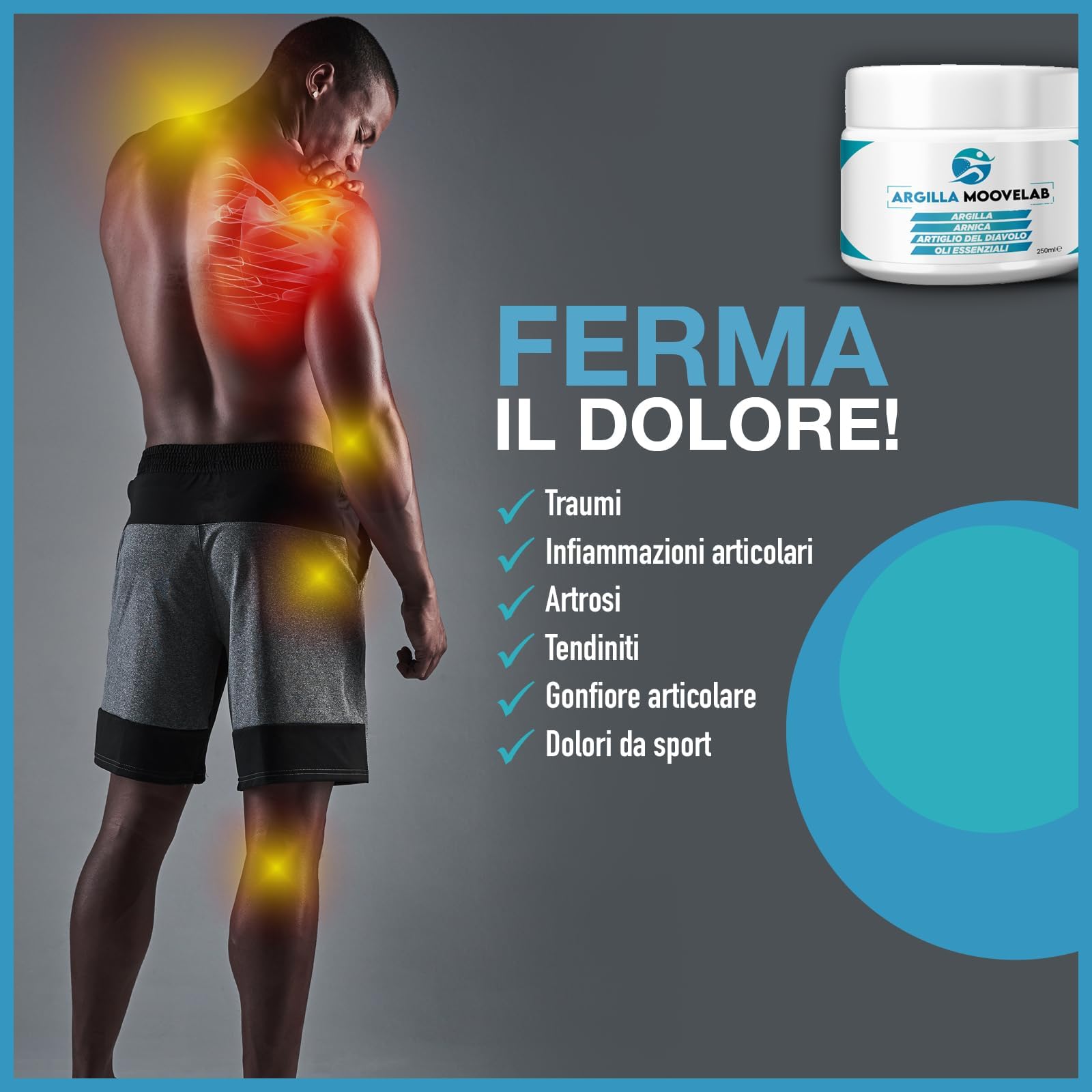 ARGILLA MOOVELAB Argilla Antinfiammatoria con Arnica, Artiglio del Diavolo e Oli Essenziali, Impacco per muscoli e articolazioni, Ideale per massaggio sportivo e recupero muscolare, 250 ml
