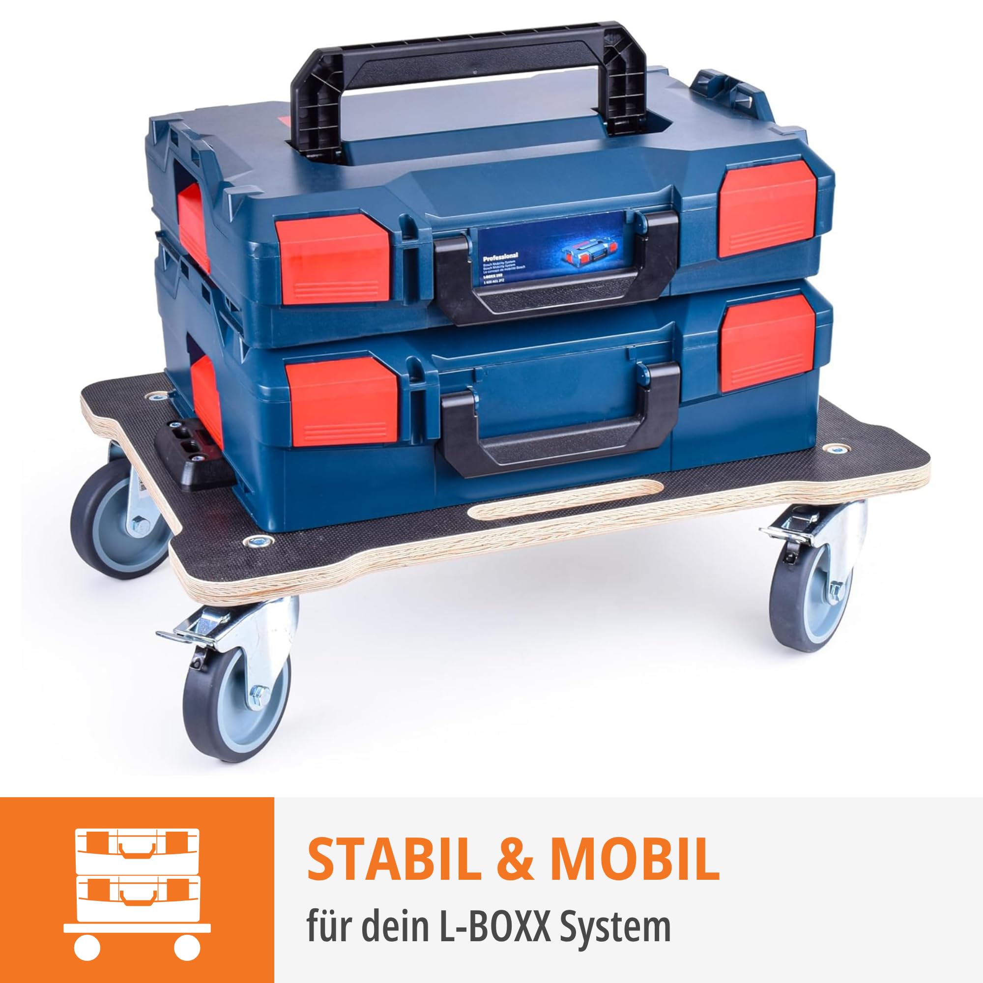 L-BOXX Rollbrett mit Siebdruckplatte – Schwerlast Transportroller für Bosch Sortimo L-BOXX | Rollwagen mit 4 Lenkrollen & Feststellbremse | kompatibel mit L-BOXX System (Siebdruck)