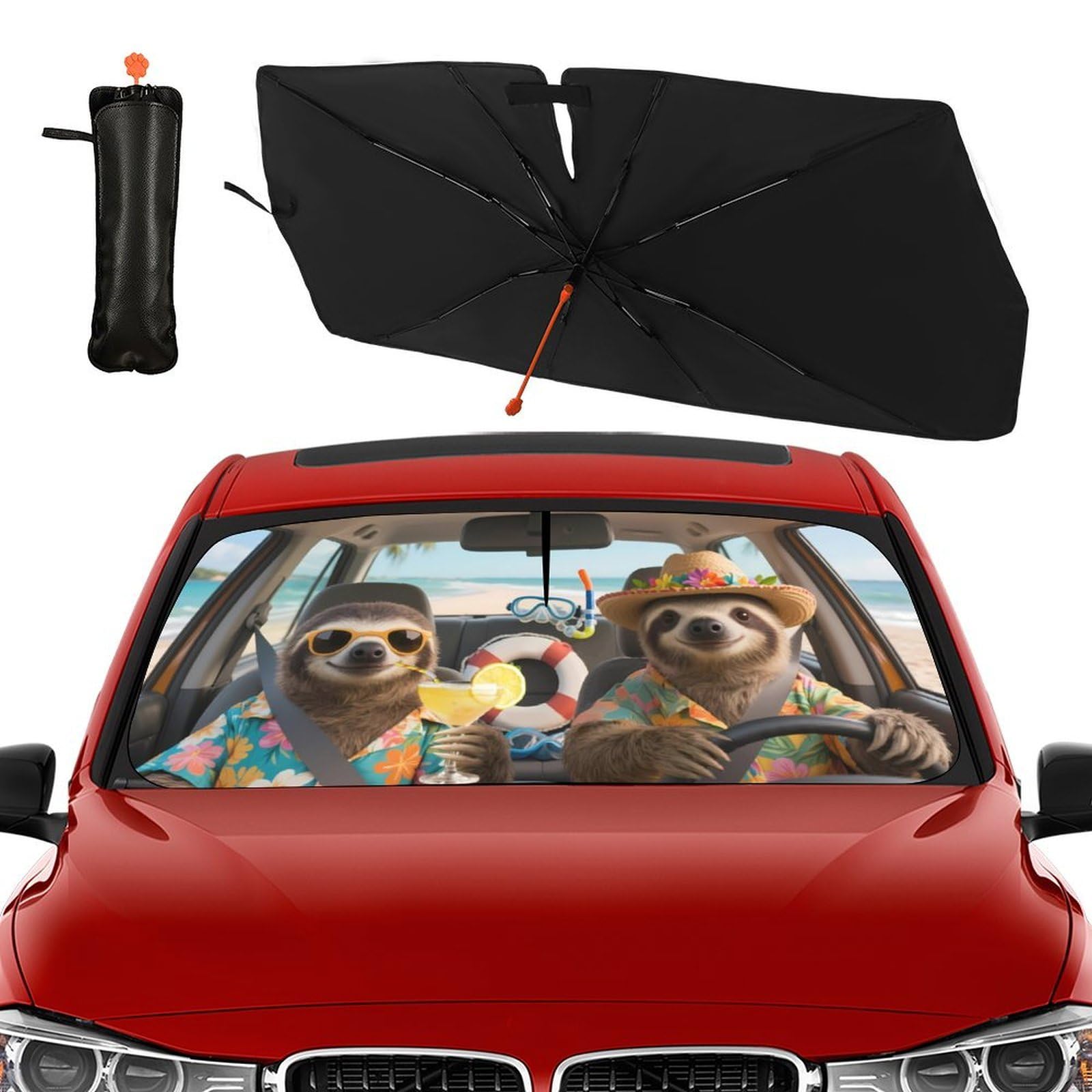 Ombrello parasole per parabrezza dell'auto, con motivo bradipo divertente, con manico pieghevole, con stampa animalier, per auto, blocca i raggi UV, mantiene il veicolo fresco, per la maggior