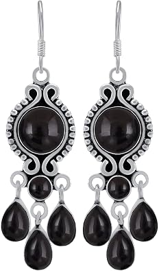 Natural Genuine Gemstones Dangle Earrings for Women Handmade 925 Silver Plated Drop Earrings Round & Pear Shape Gemstones Boho Vintage Style Fashion Jewelry Gift for Wedding Christmas
