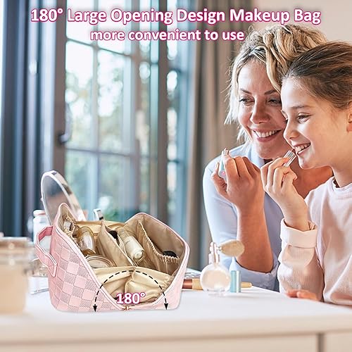 Miniatura 2 de IMENE Bolsa de maquillaje de viaje, 2023 Bolsa de maquillaje portátil a cuadros para mujer, bolsa de cosméticos impermeable de piel sintética con